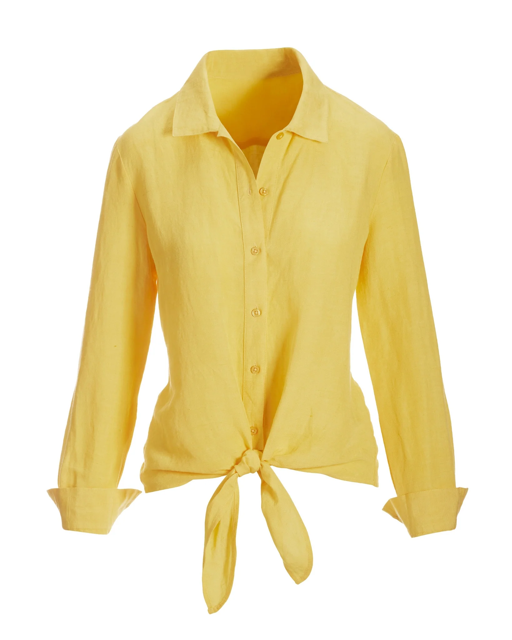Tie Front Long Sleeve Linen Shirt Lemon Drop - Futureuc