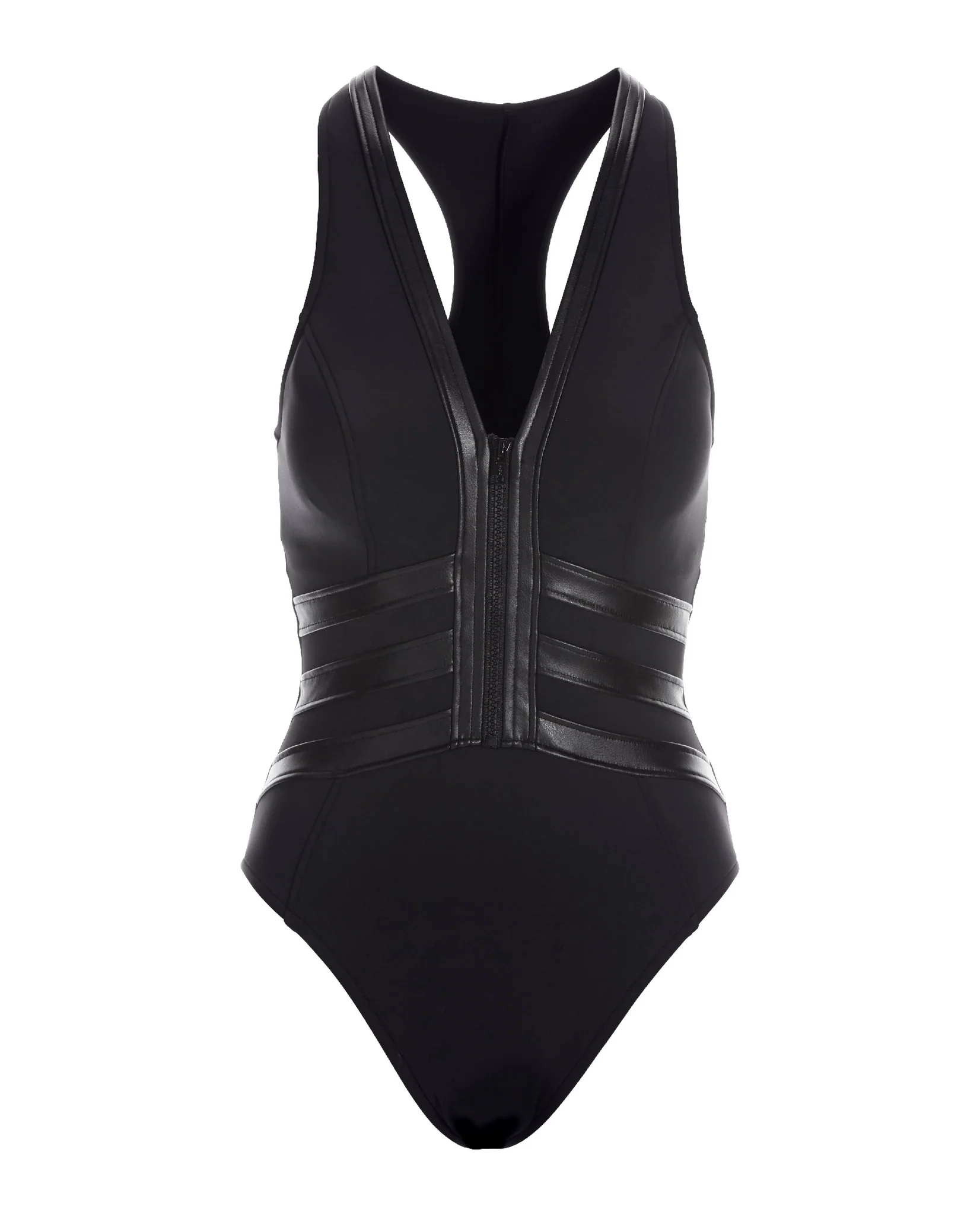 Zip Front Faux Leather One Piece Swimsuit Black - Futureuc