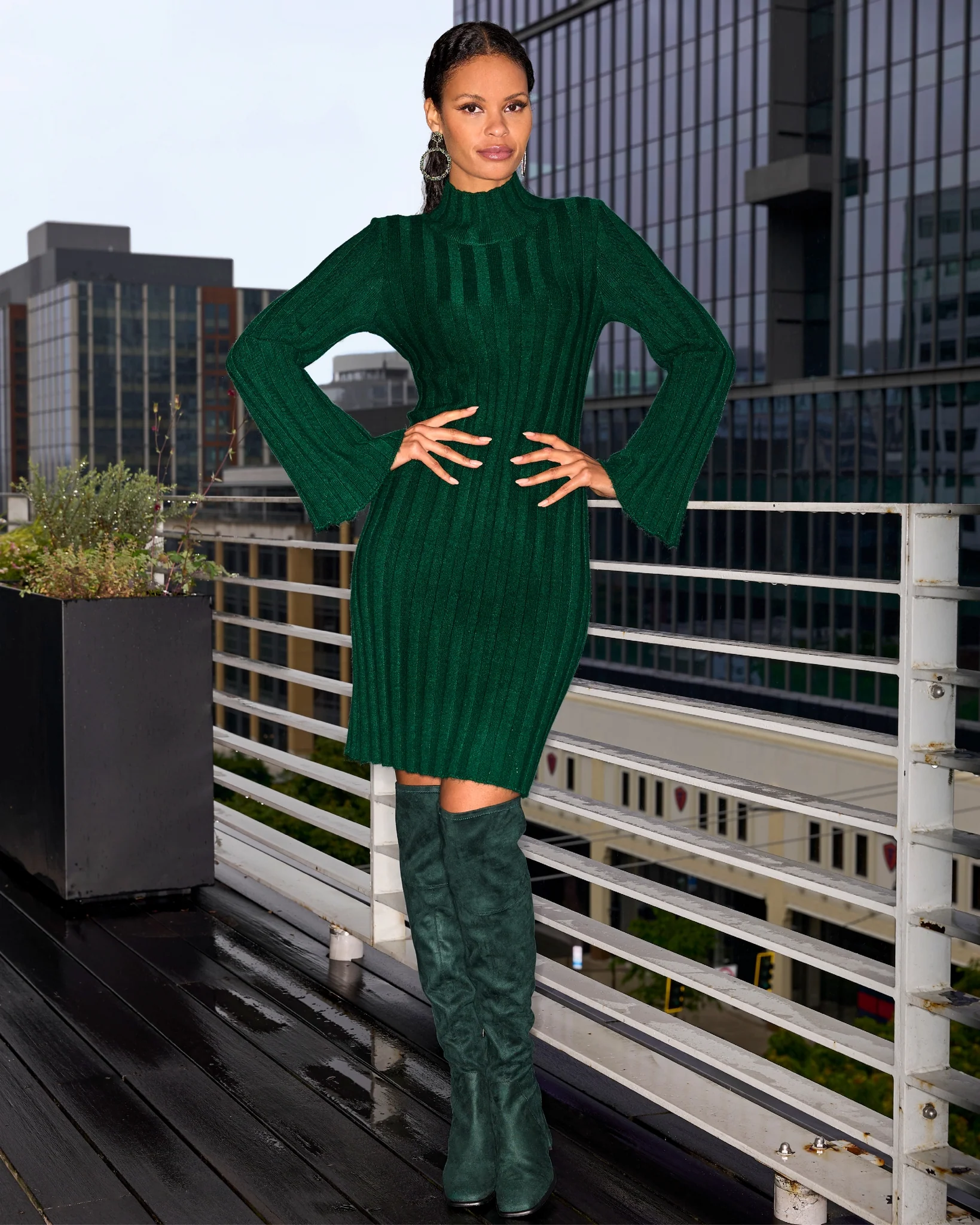 Turtleneck Bell Sleeve Wide Rib Sweater Dress Deep Emerald - Futureuc
