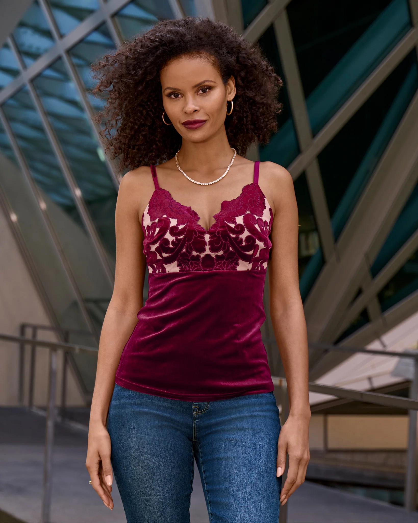 Velvet Scalloped Lace V Neck Cami Top Rumba Red - Futureuc