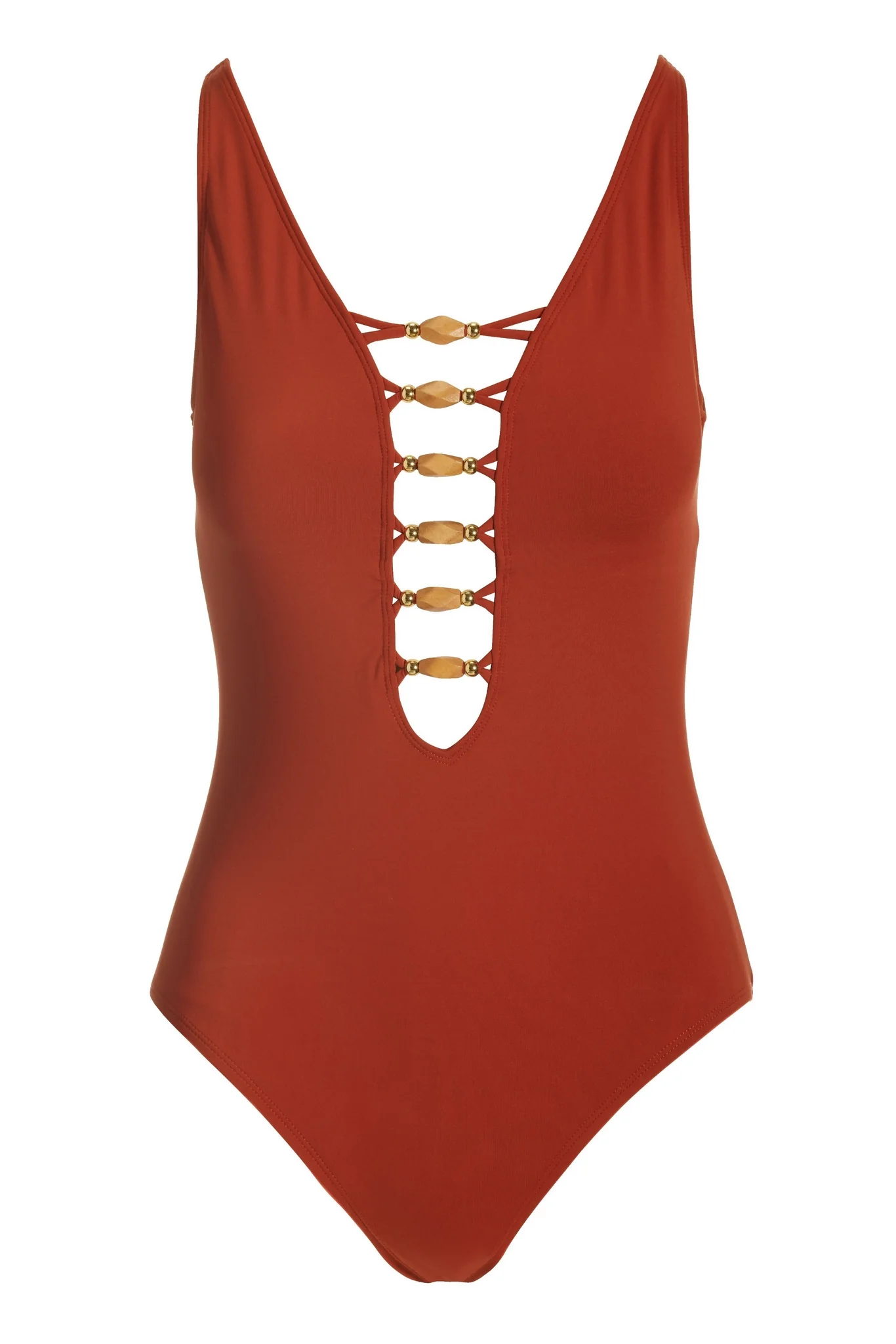 Wooden Beaded Plunge One Piece Swimsuit Sienna - Futureuc