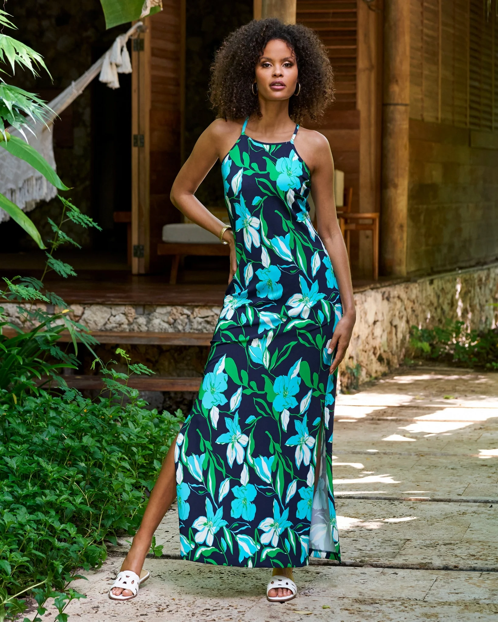 Beyond Travel Summer Lilies Navy Print High Neck Maxi Dress Maritime Navy/Fern Green - Futureuc