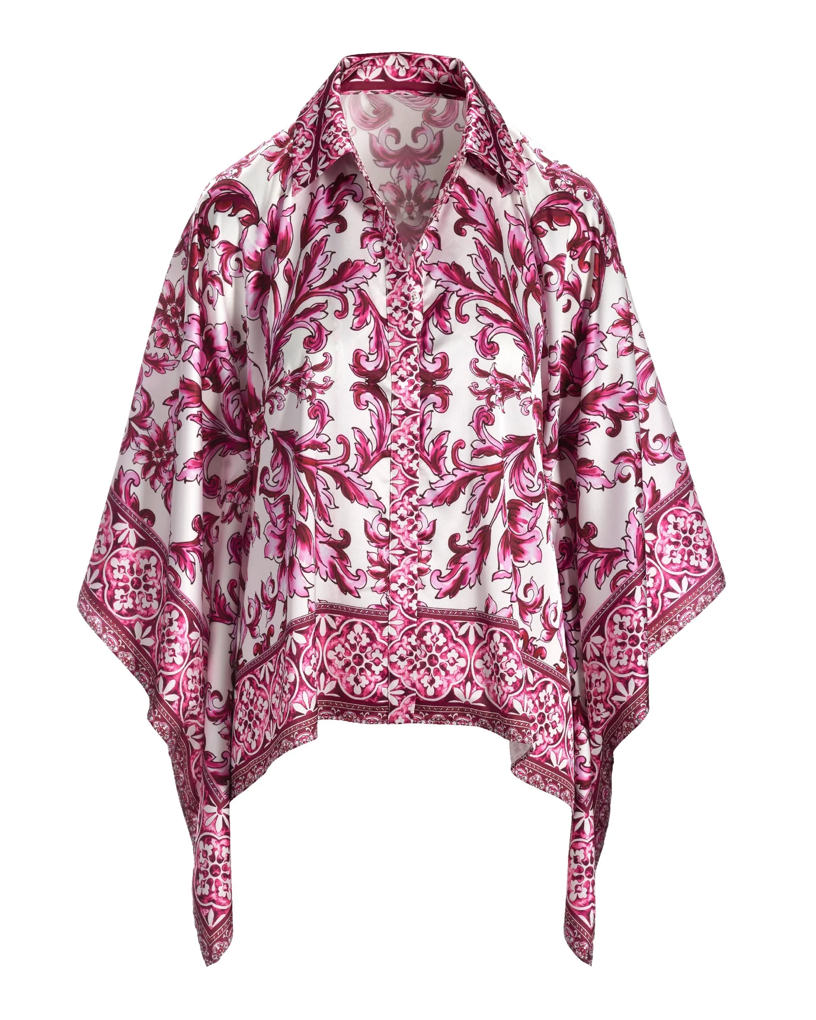 Bella Vita Border Print Roxy Poncho Charmeuse Blouse Pink Multi - Futureuc