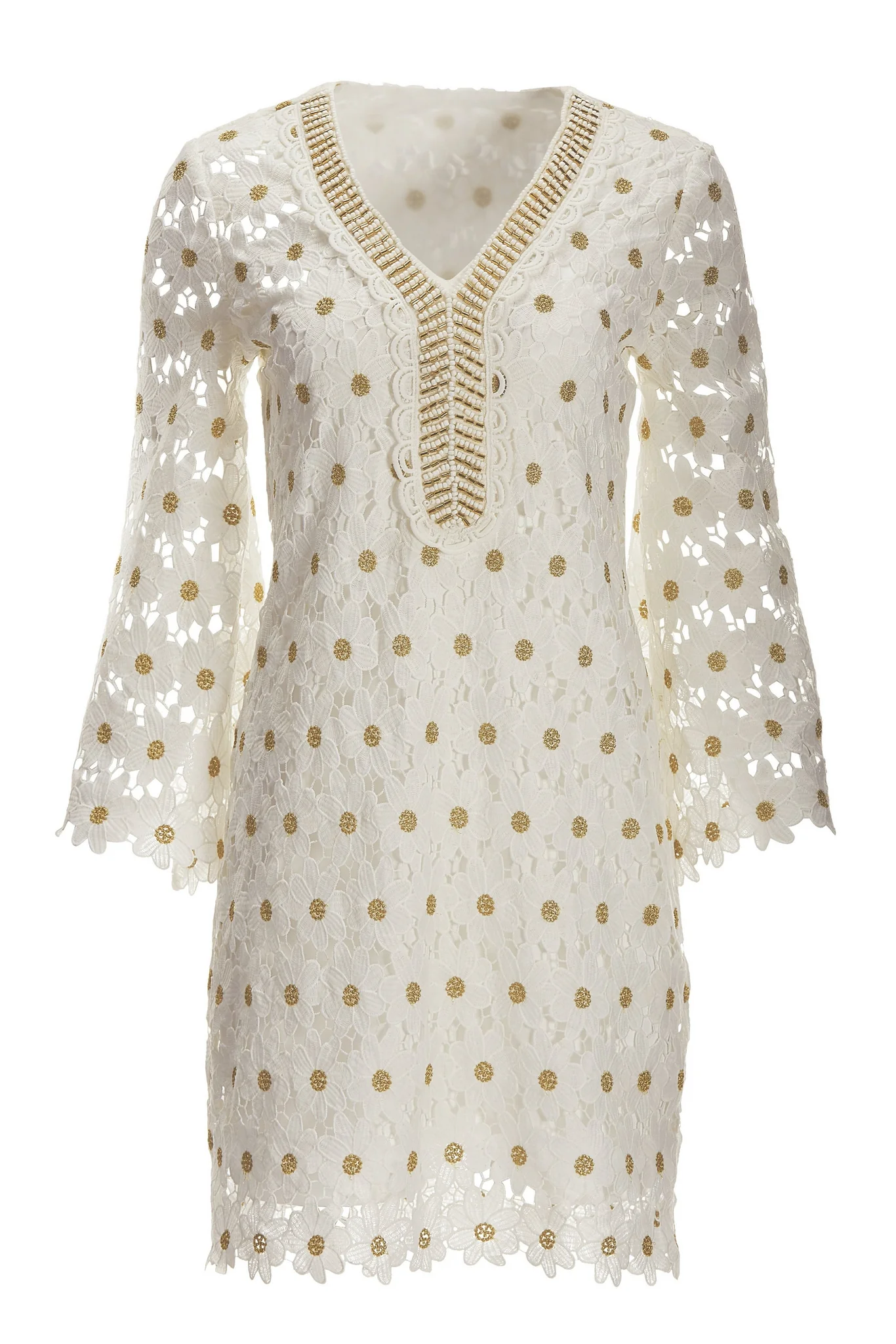 Beaded Floral Lace Shift Dress White Multi - Futureuc