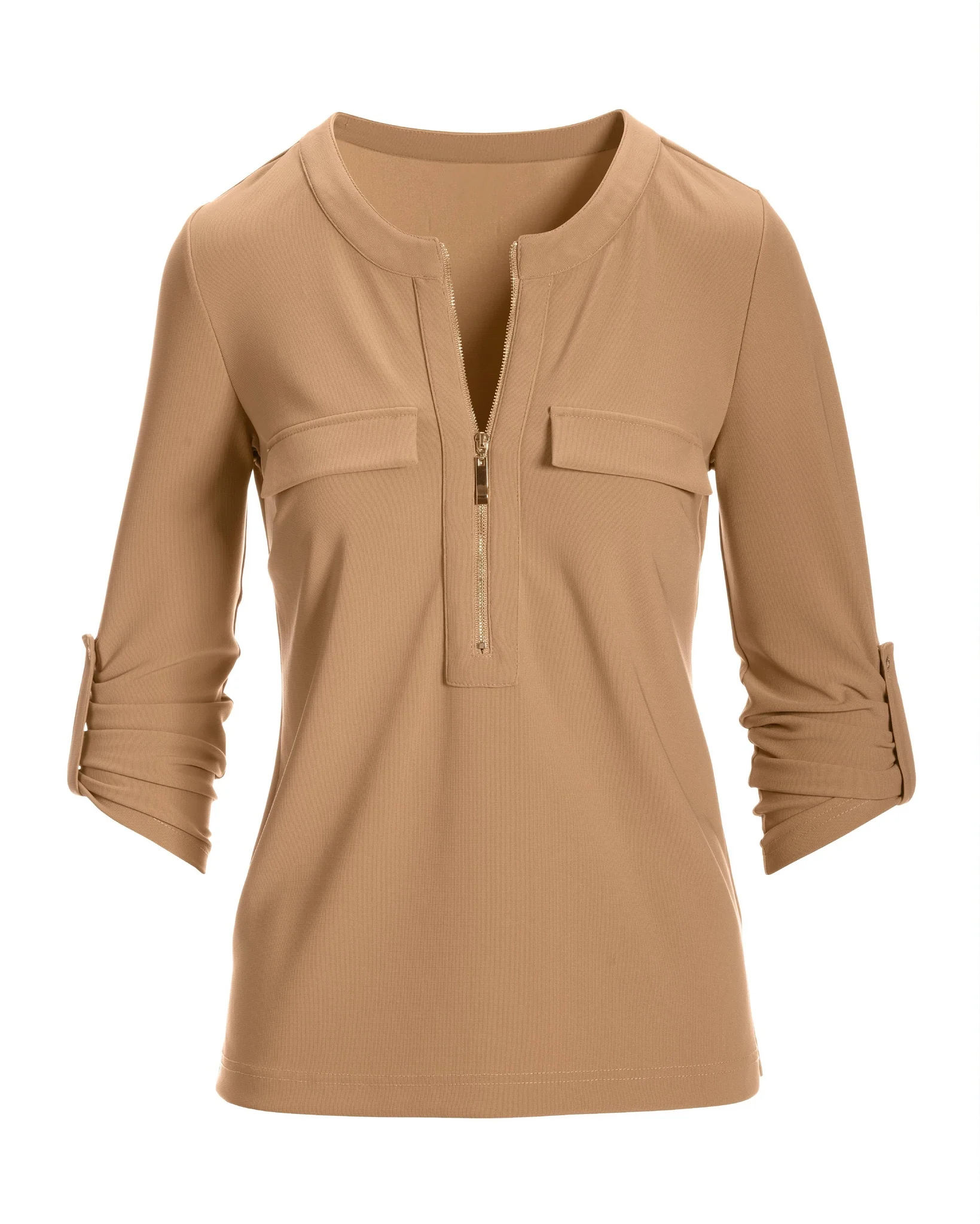 Beyond Travel Zip Tab Sleeve Top Camel - Futureuc
