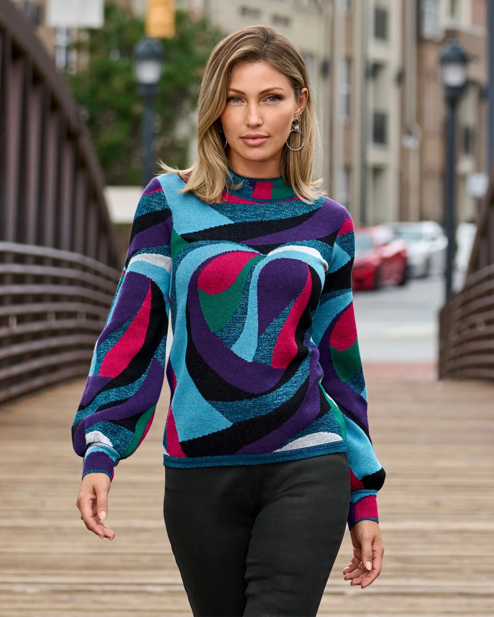 Abstract Jacquard Mock Neck Sweater Multi - Futureuc