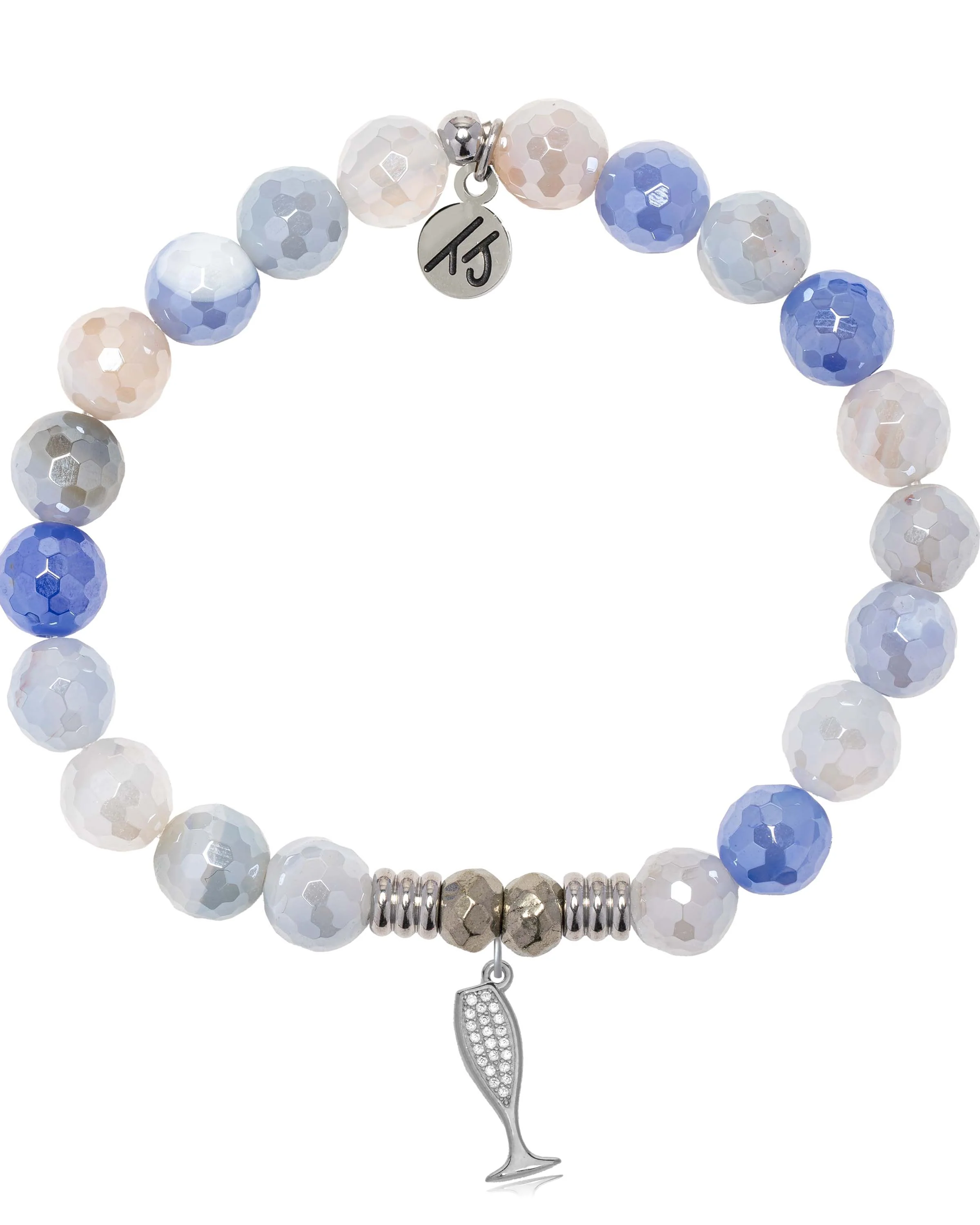 Blue Sparkle Agate Gemstone Bracelet with Cheers Sterling Silver Charm - Futureuc