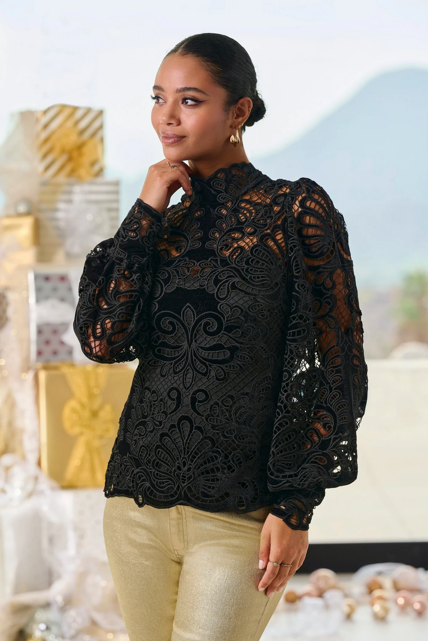 Velvet Lace Mock-Neck Long-Sleeve Blouse Black - Futureuc