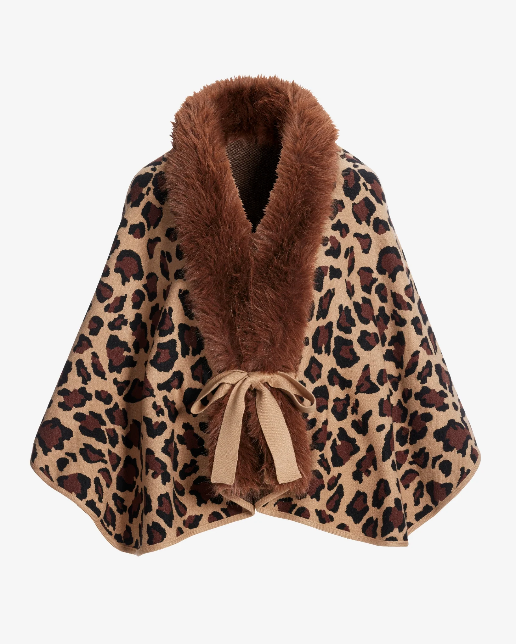 Animal Faux Fur Tie Waist Sweater Poncho Brown Multi - Futureuc