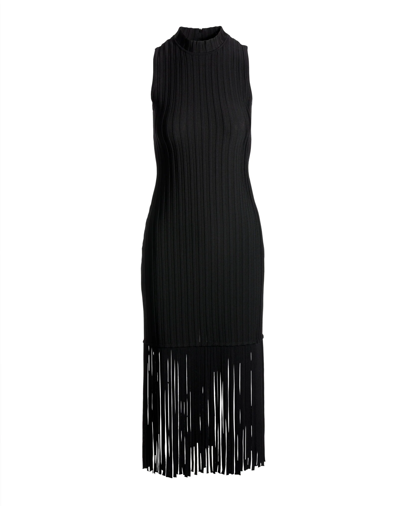 Bandage Knit Mock neck Fringe Midi Dress Black - Futureuc