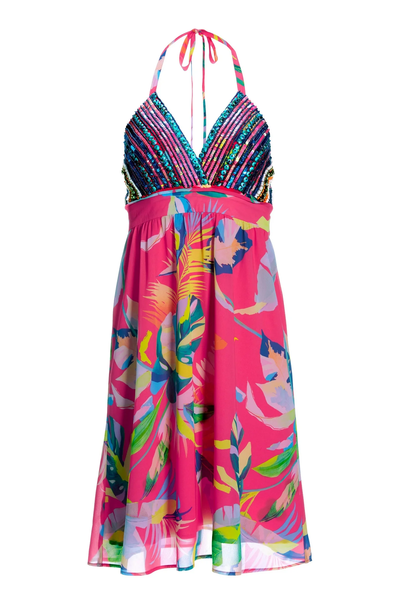 Tropical Forest Halter Embellished Printed Dress Pink - Futureuc