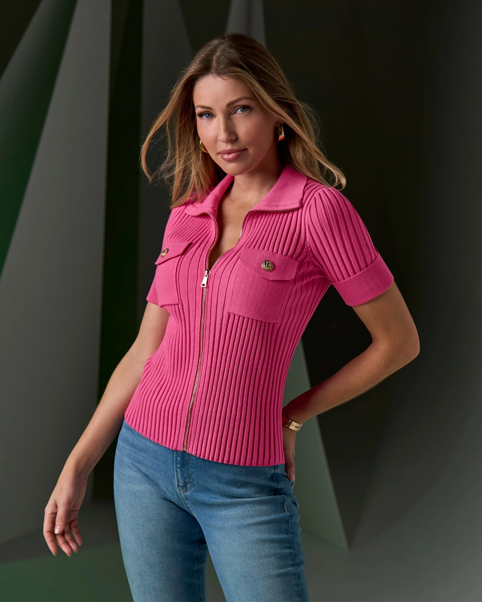 Wide Rib Zip Up Sweater Top Shocking Pink - Futureuc