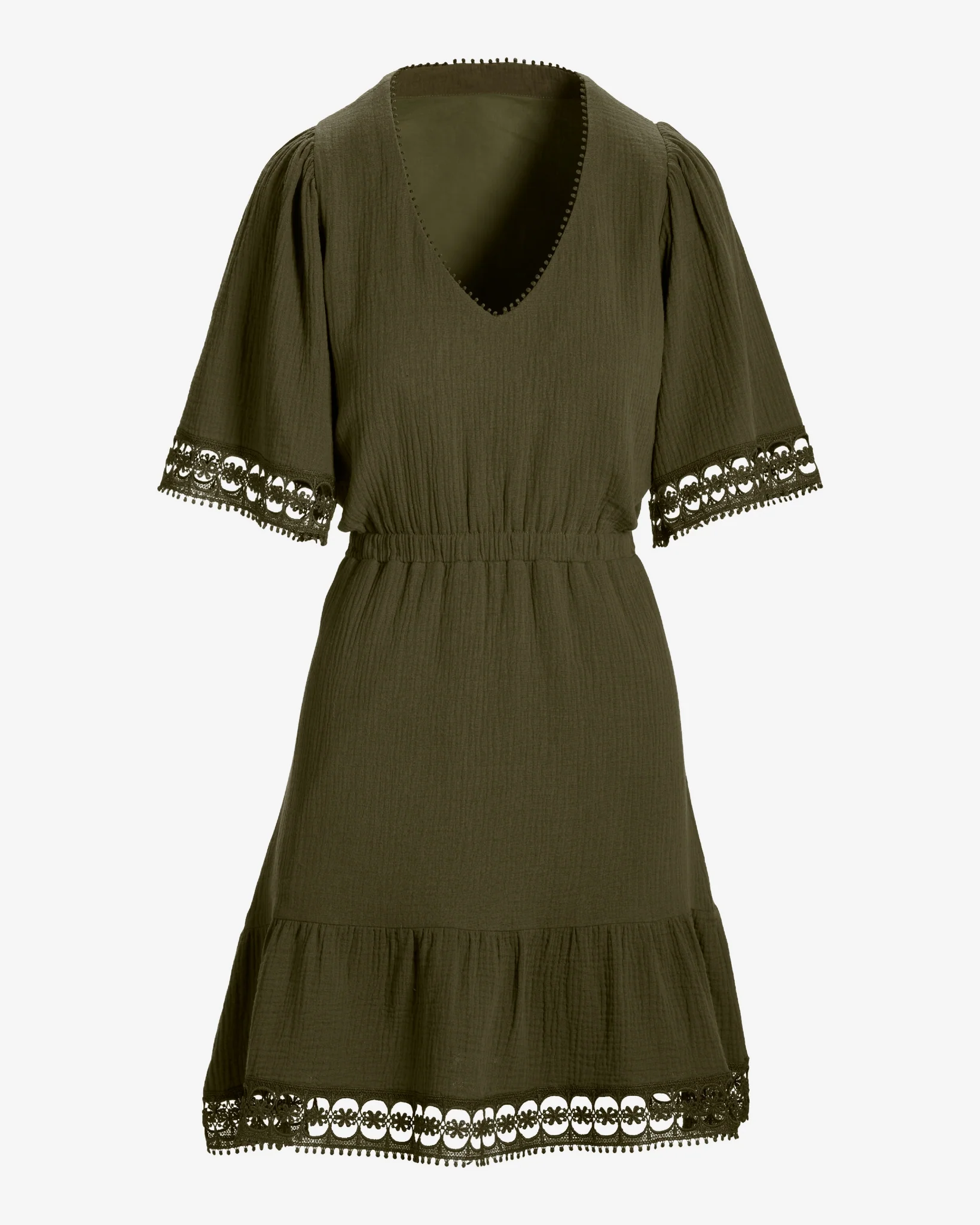 100% Cotton Gauze Lace Trim A Line Dress Olive Night - Futureuc