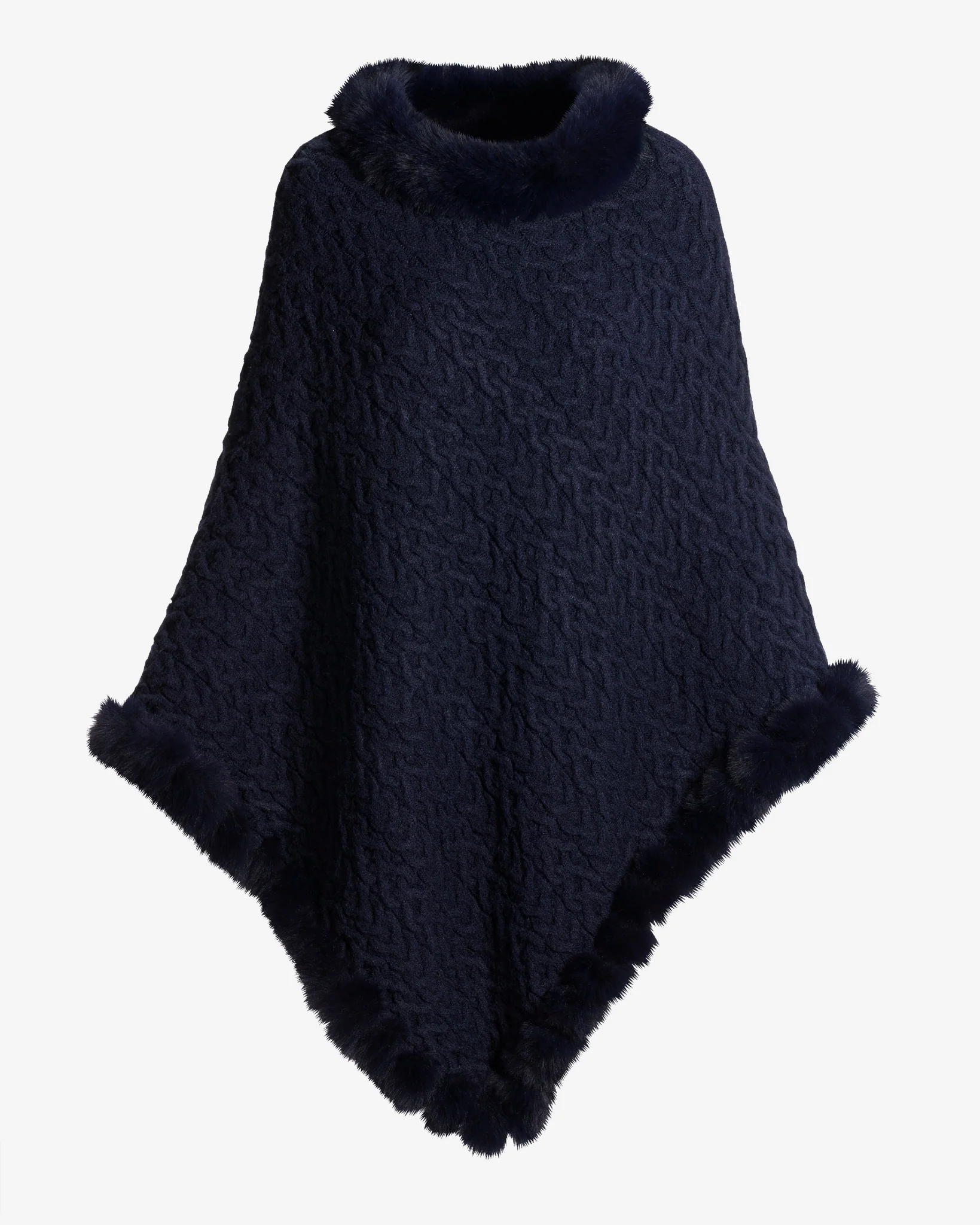 Cable Fur Trim Poncho Evening Blue - Futureuc