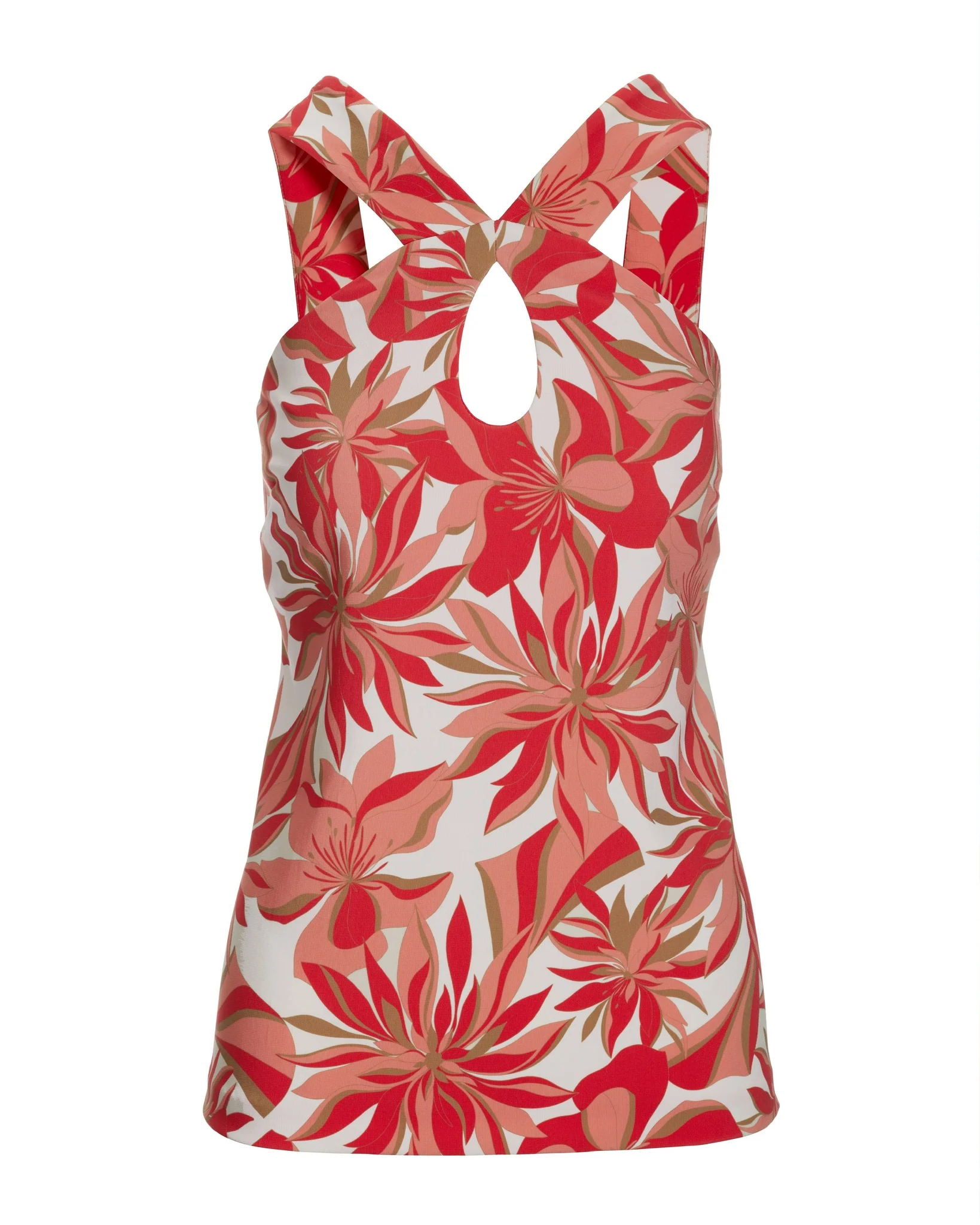 Beyond Travel Paradise Blooms Print Keyhole Tunic Top Pink Paradise/Light Camel - Futureuc