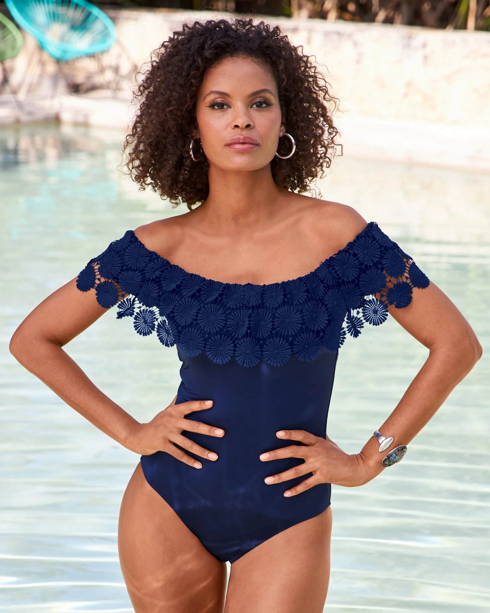 Bardot Crochet Off-The-Shoulder One-Piece Swimsuit Navy - Futureuc