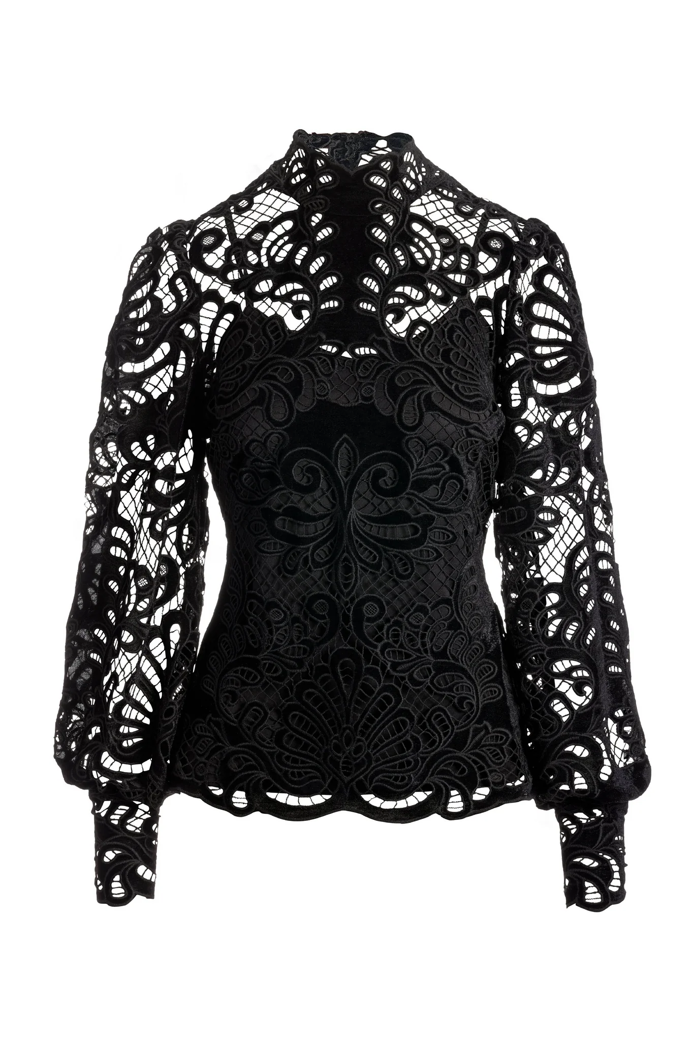 Velvet Lace Mock-Neck Long-Sleeve Blouse Black - Futureuc