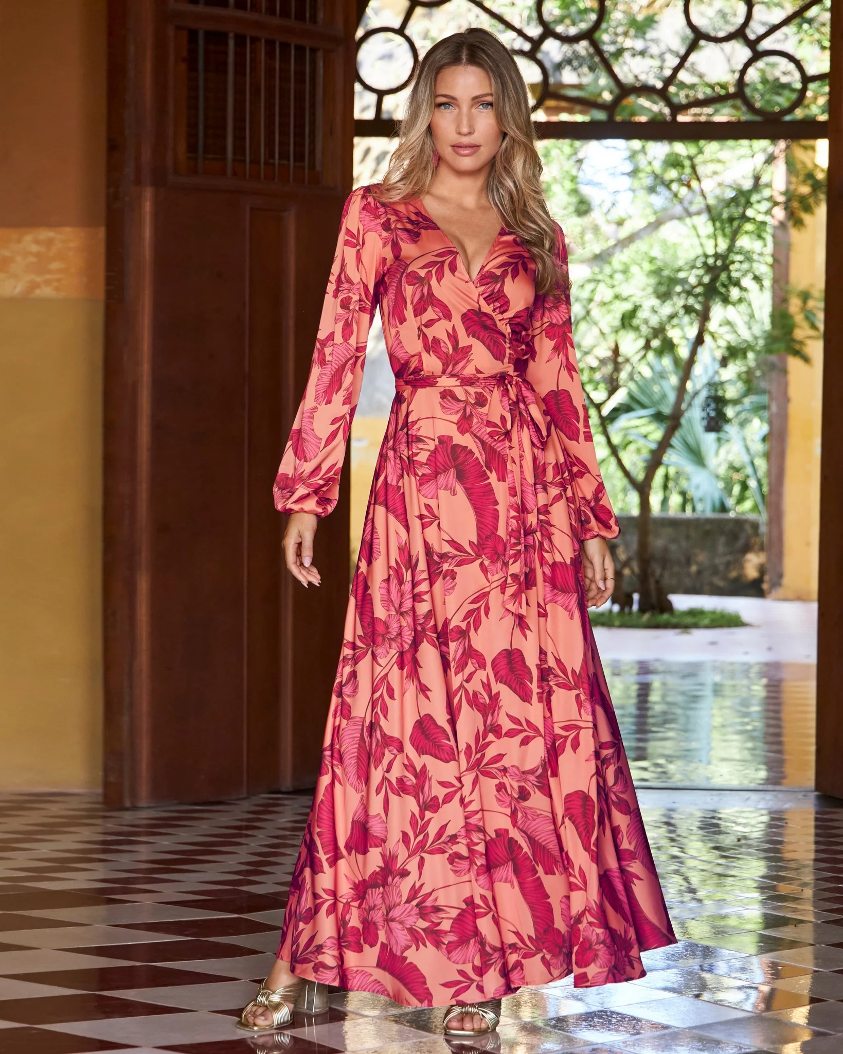 Tropical Nights Print Wrap Maxi Dress Pink - Futureuc