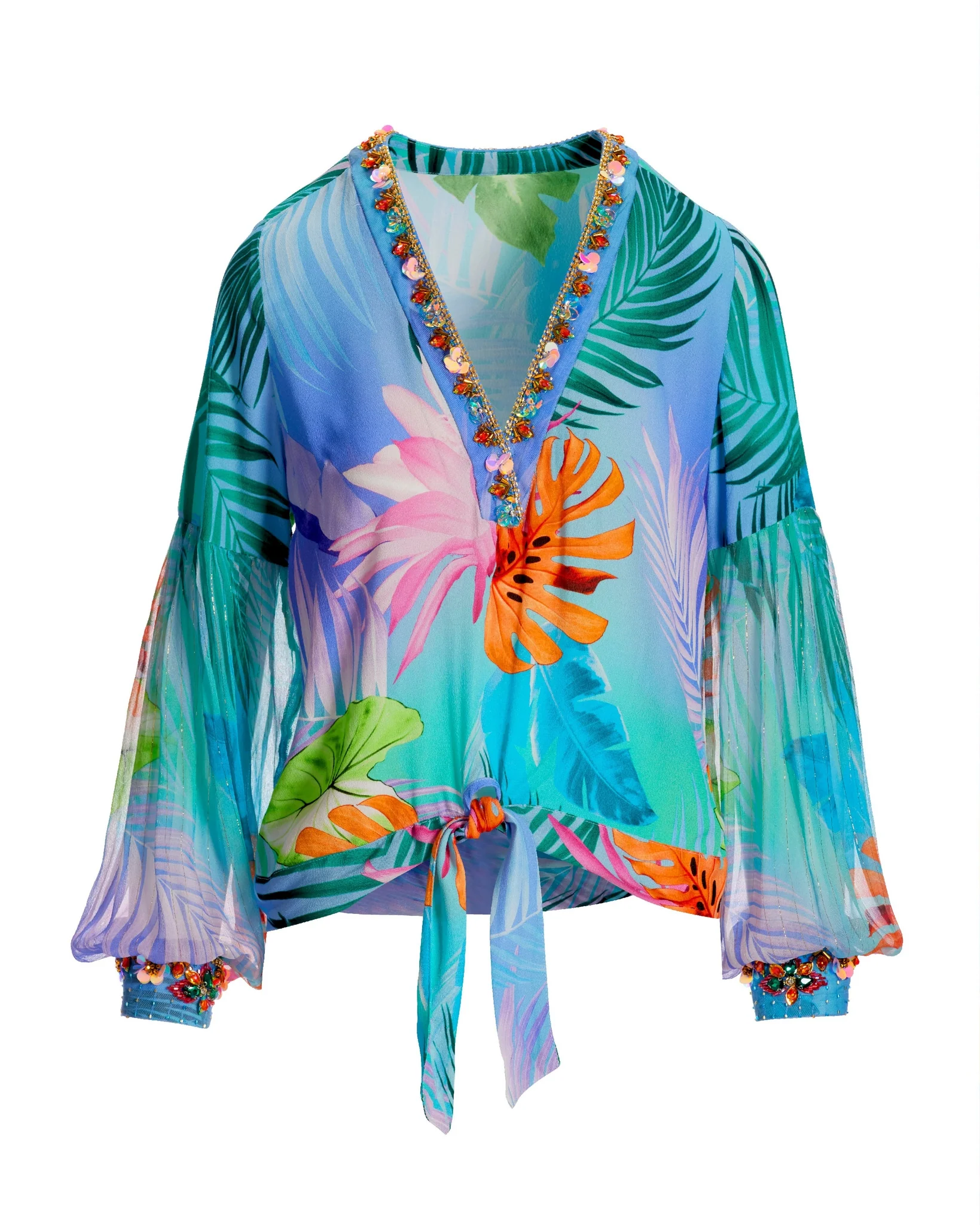 Tropical Summer Print Embellished Tie Front Blouse Blue Multi - Futureuc