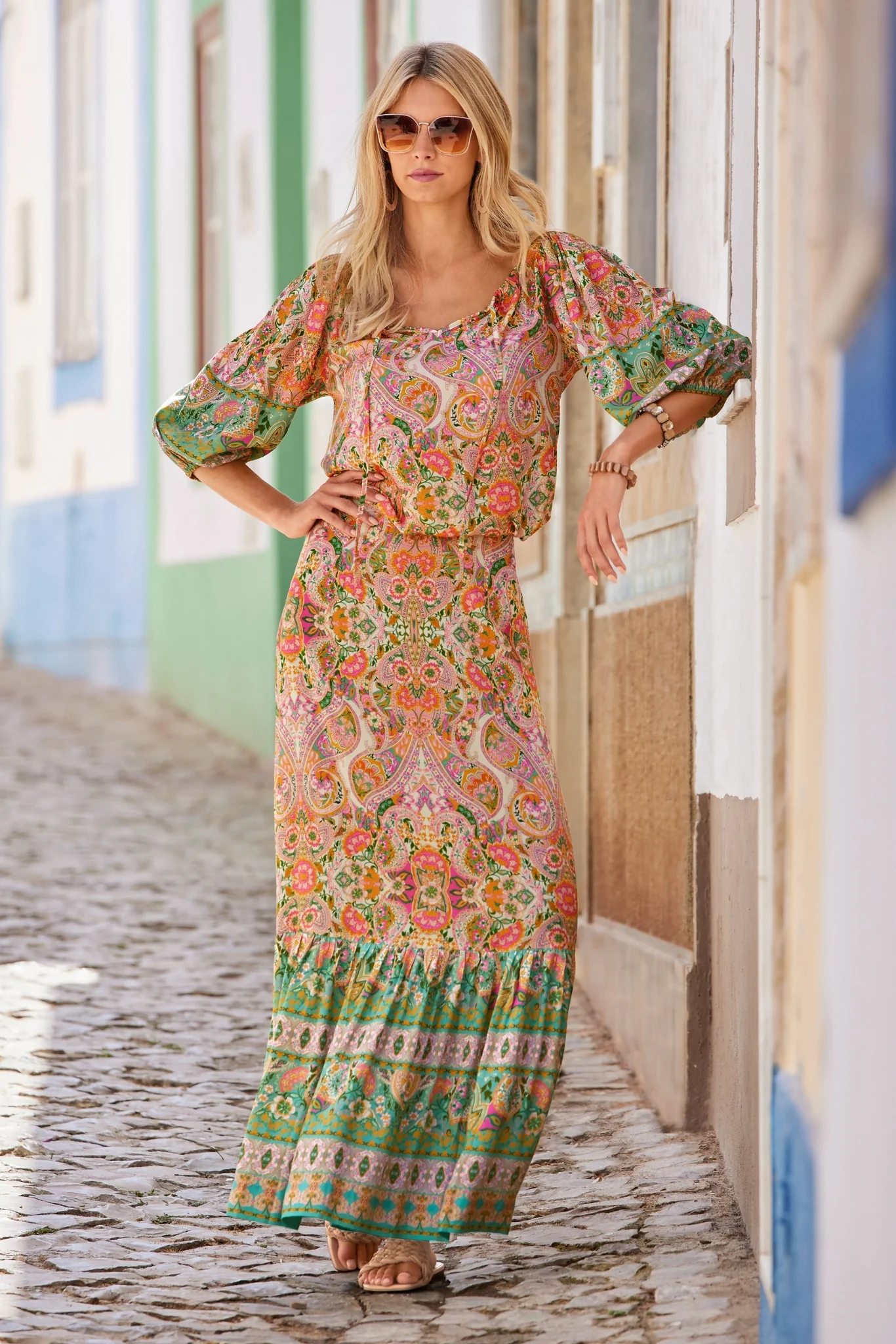 Boho Beach Club Print Maxi Skirt Pink/Teal - Futureuc