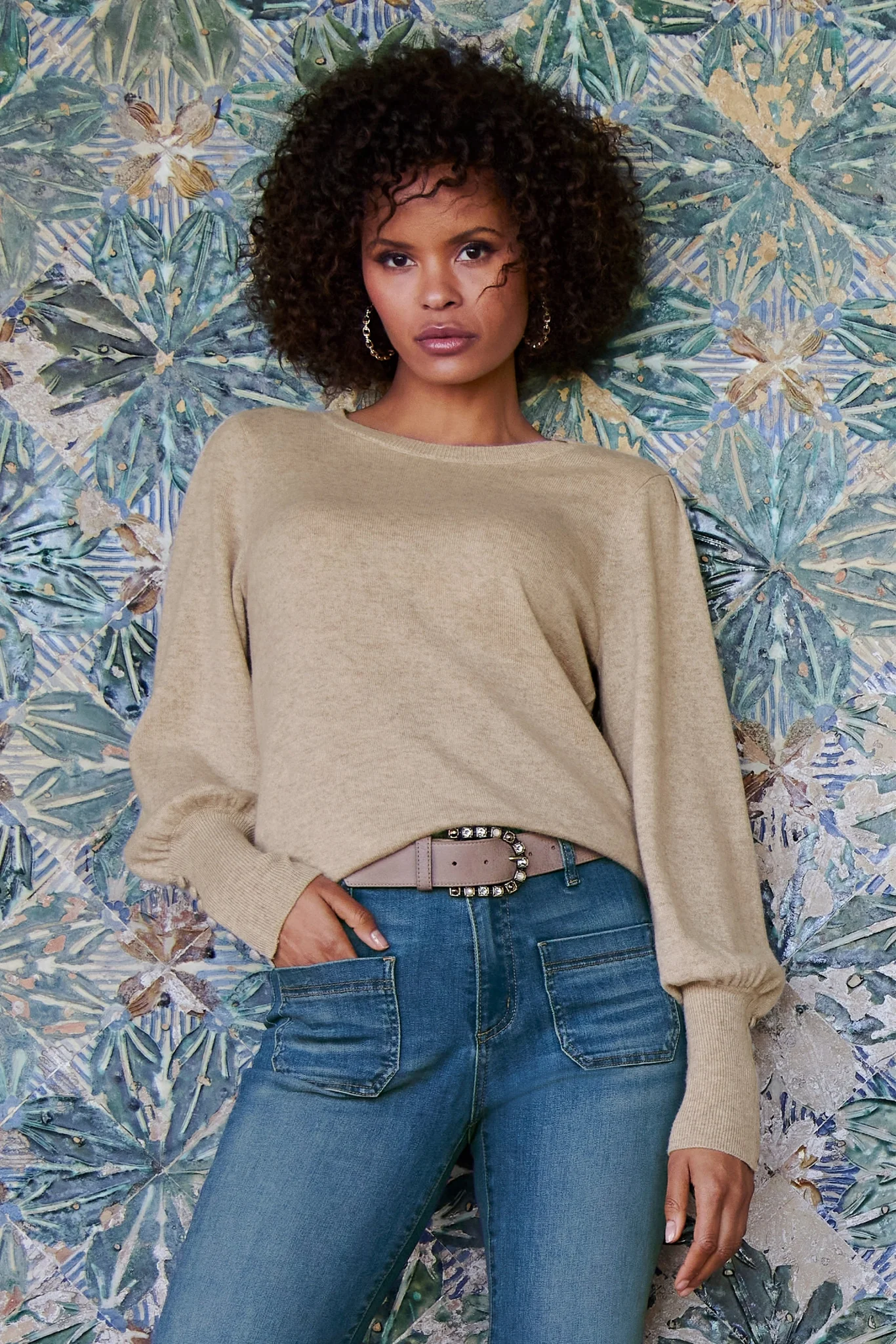 Cashmere Button-Cuff Puff-Sleeve Sweater Heather Camel - Futureuc