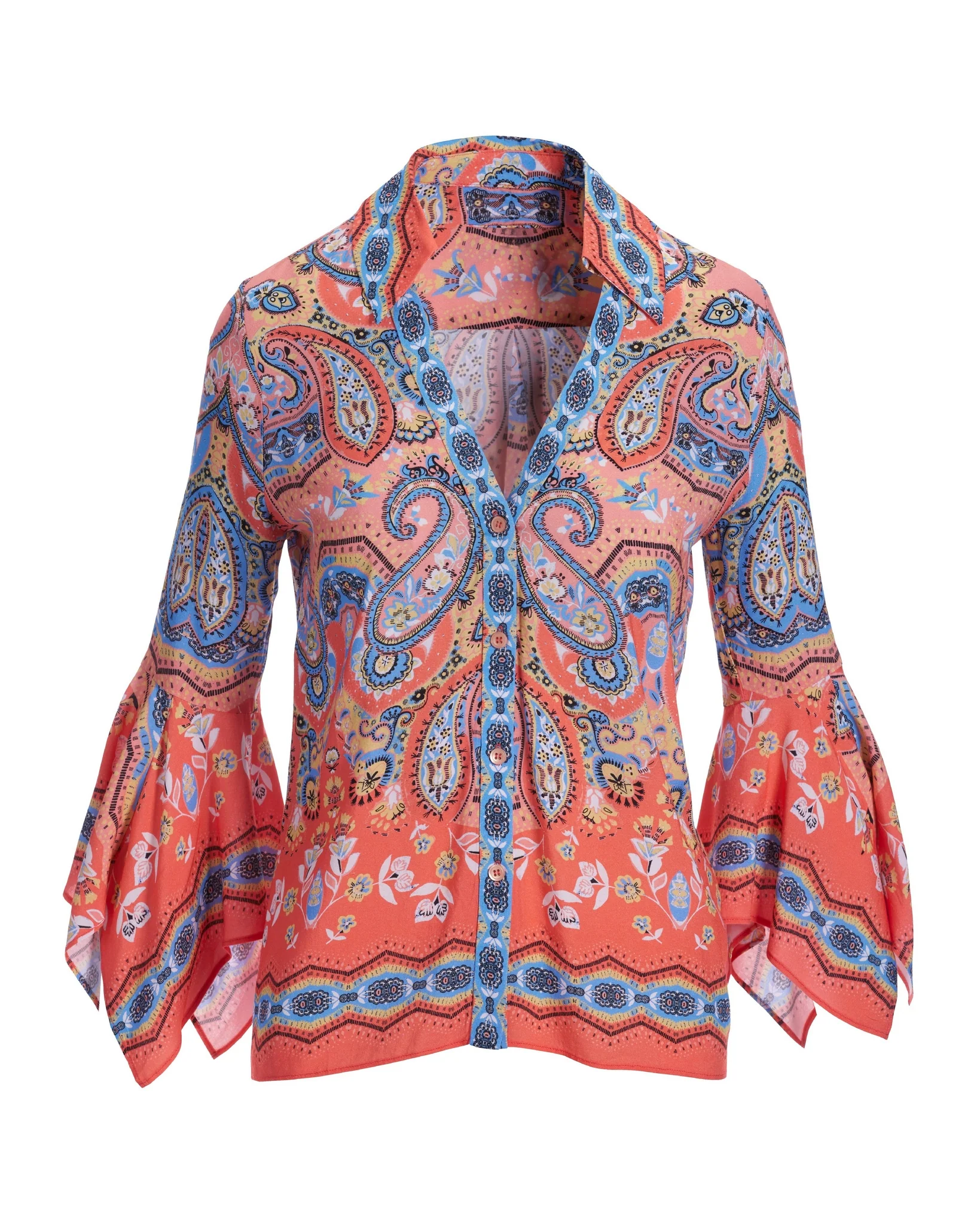 Border Print Flare Sleeve Shirt Multi - Futureuc