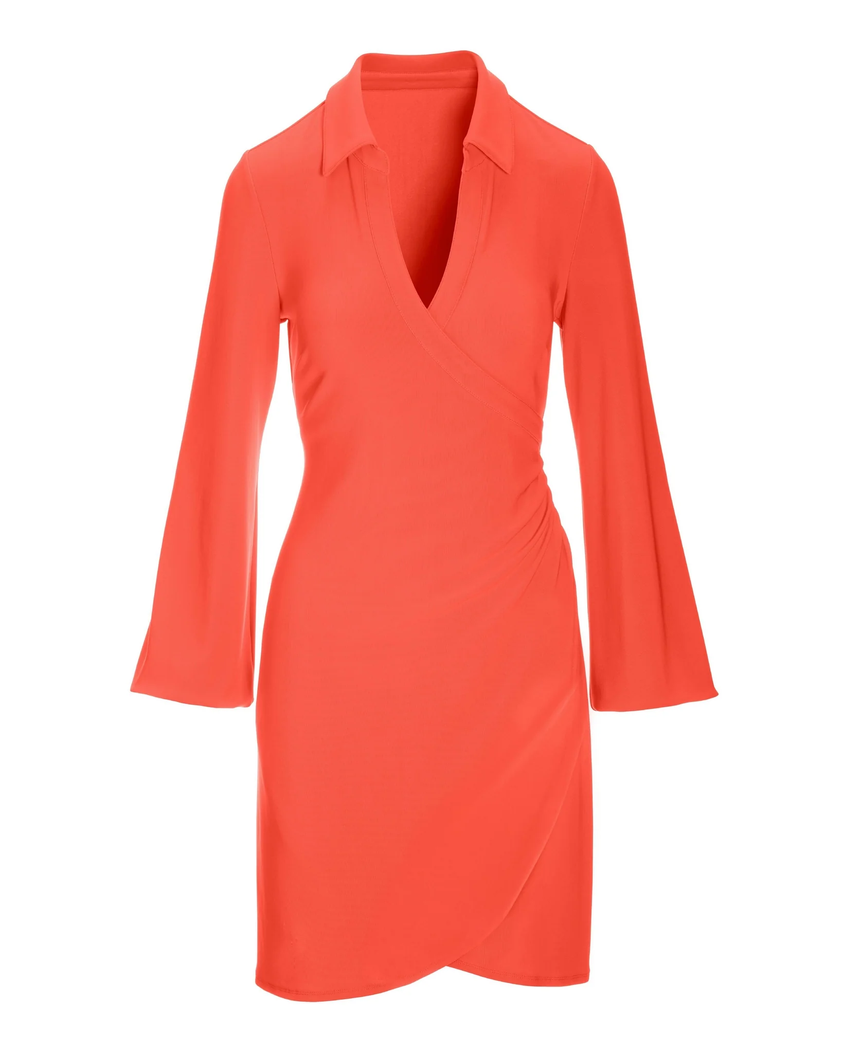Beyond Travel Long-Sleeve Collared Wrap Dress Hot Coral - Futureuc