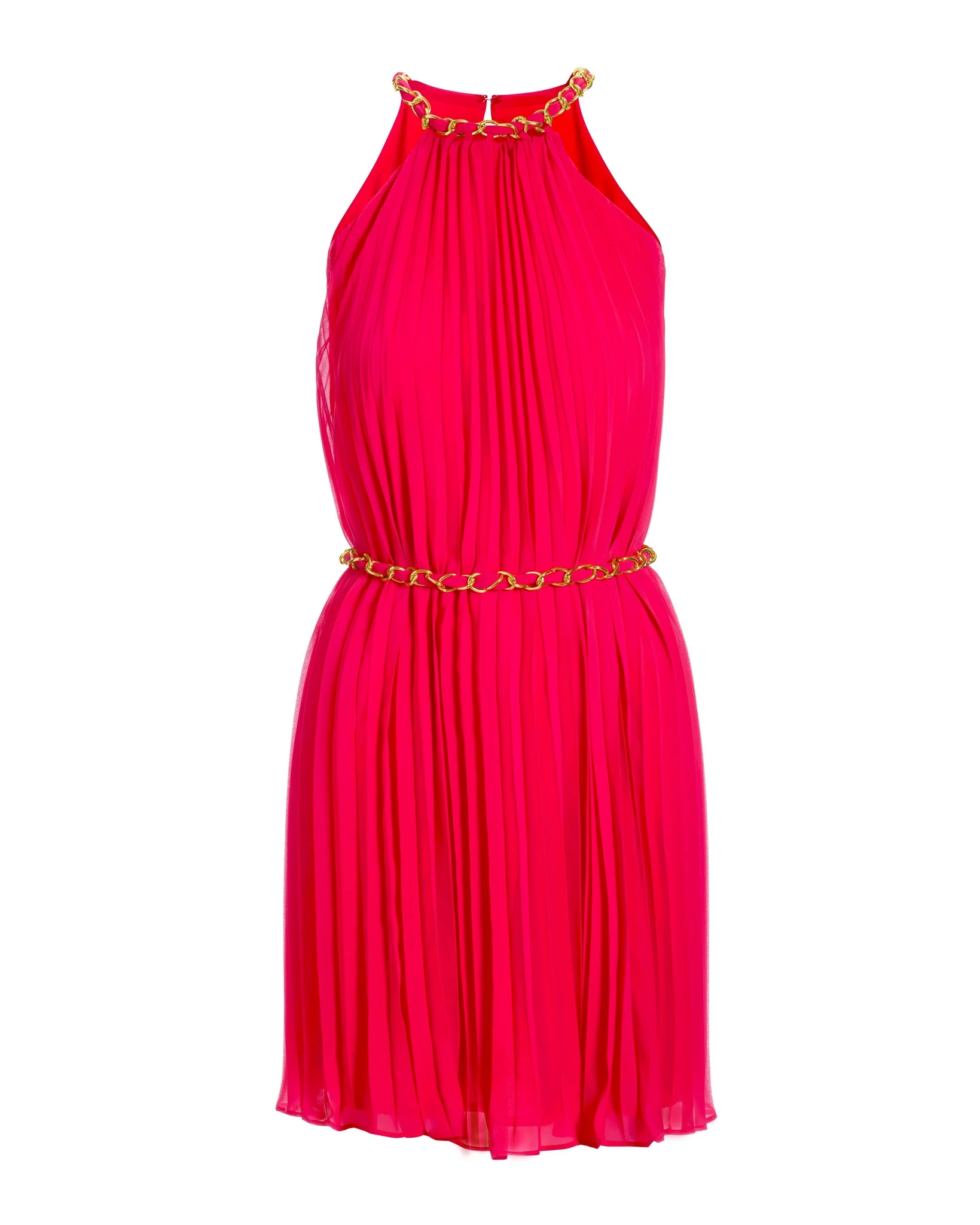 Chain Detail High neck Pleated Fit and Flare Dress Pink - Futureuc