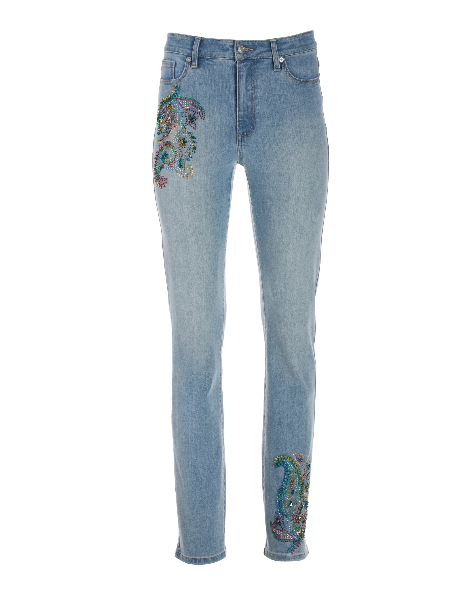Bright Paisley Embellished Slim Straight-Leg Jean Light Denim - Futureuc