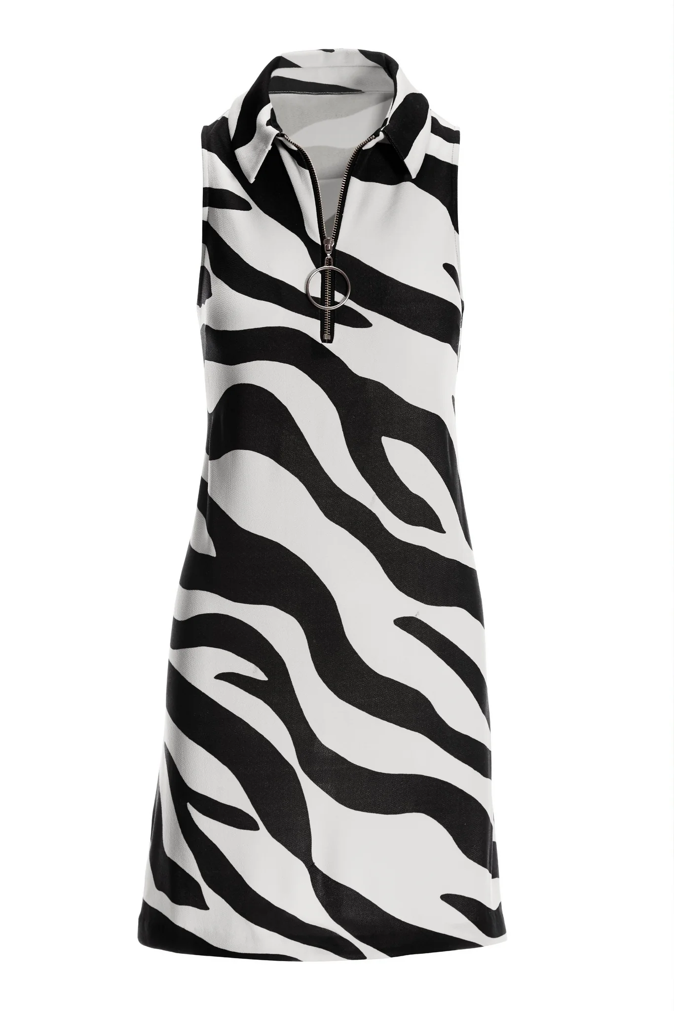 Zebra Print Collared Zip Dress 2BA41 Black/White - Futureuc