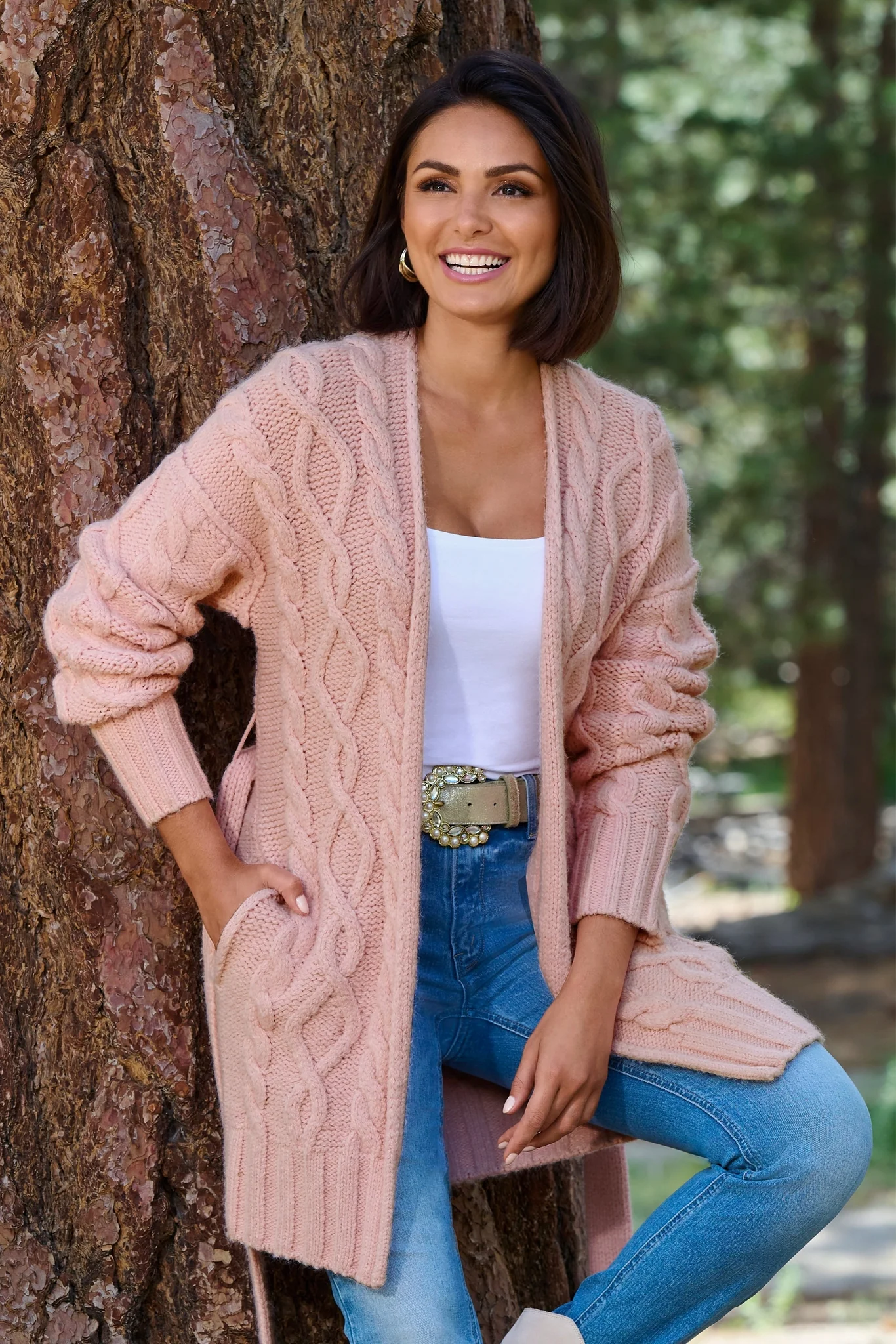 Cable Tie-Waist Cardigan Sweater Lotus - Futureuc