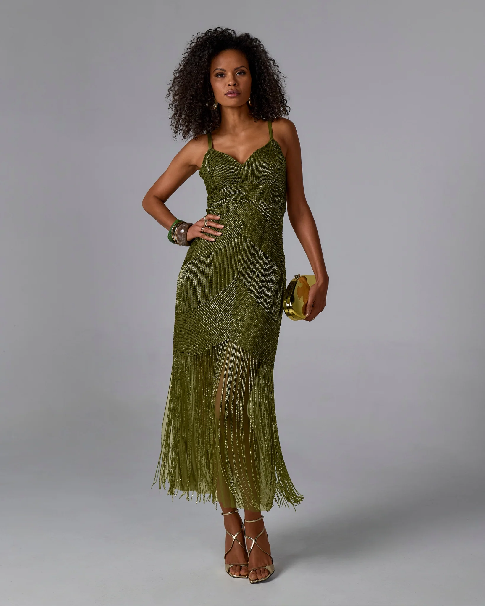 All Over Beaded Fringe Maxi Dress Olive - Futureuc