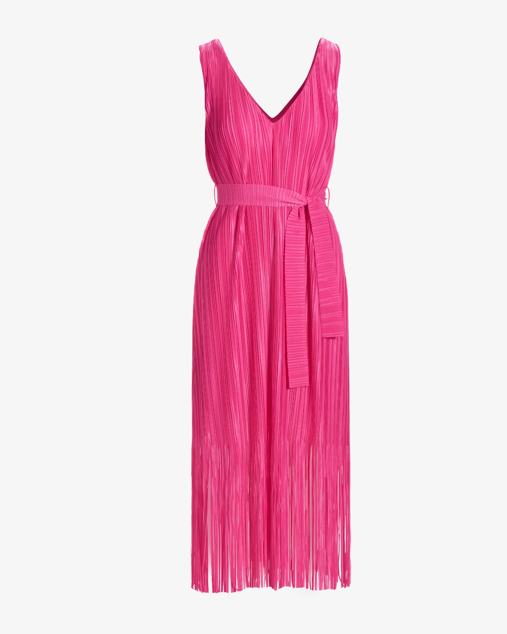 V Neck Fringe Pleated Midi Dress Shocking Pink - Futureuc