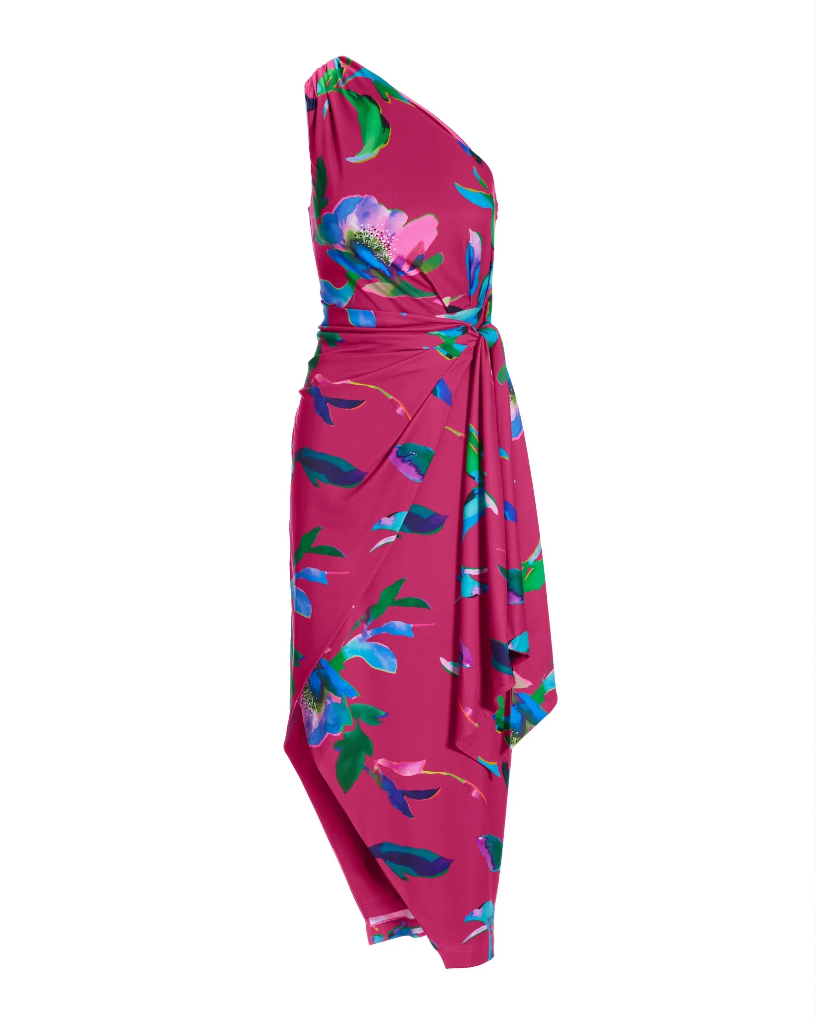 Watercolor Abstract Print One Shoulder Tie Waist Knit Dress Multi - Futureuc