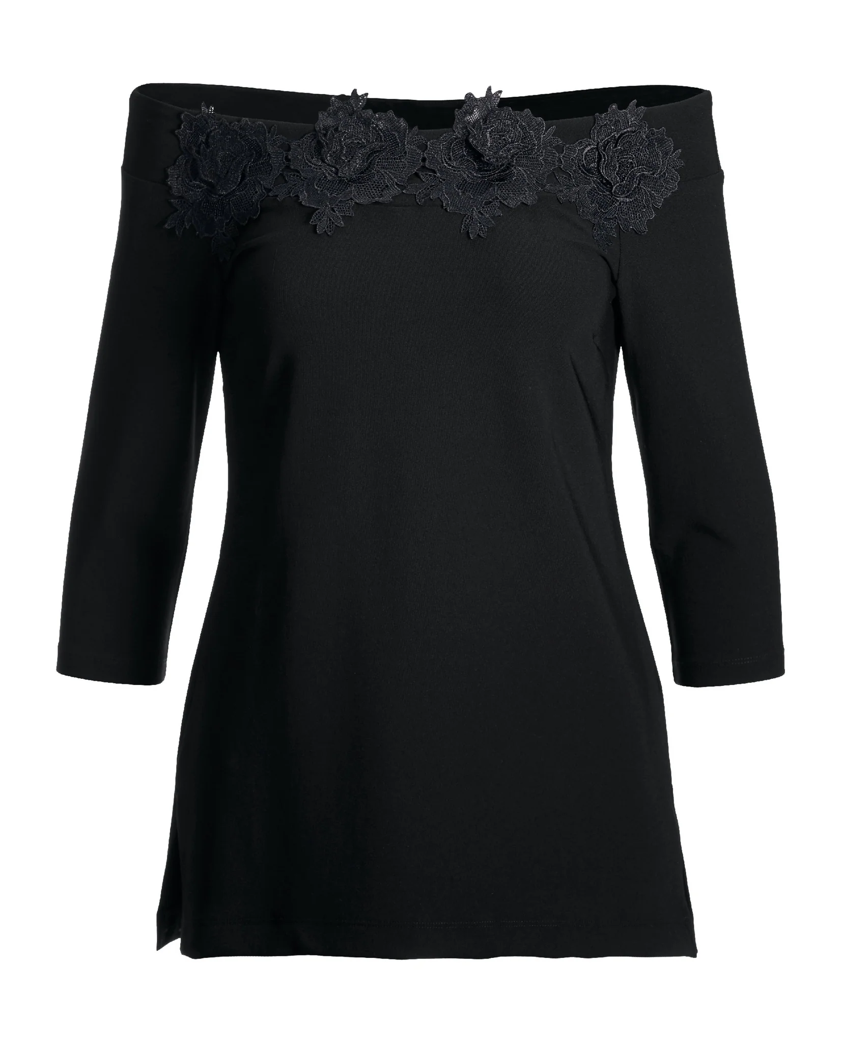 Beyond Travel Floral Appliqu Wide Neck Top Jet Black - Futureuc