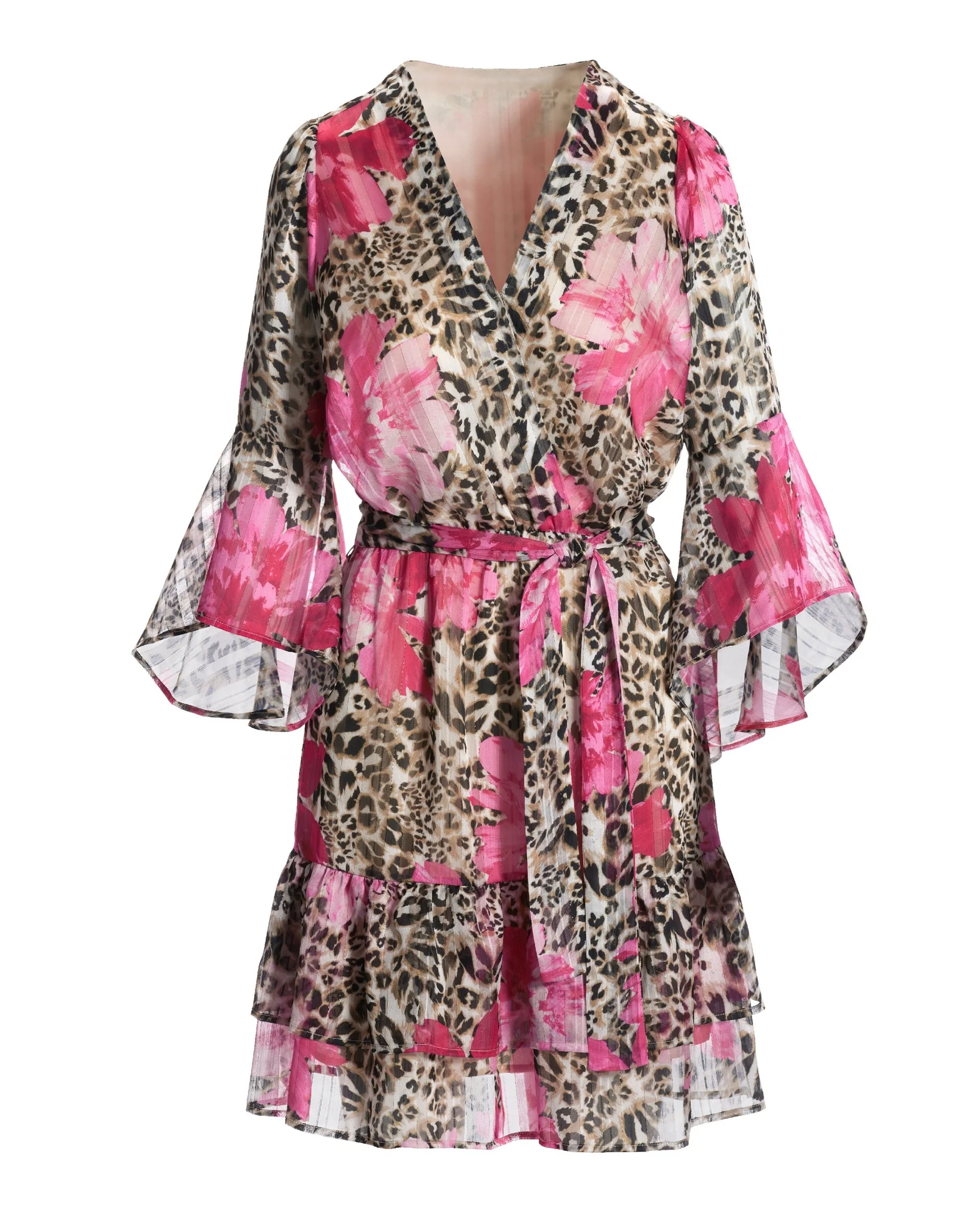 Cheetah Blooms Shimmer Bell Sleeve A Line Dress Neutral/Pink - Futureuc
