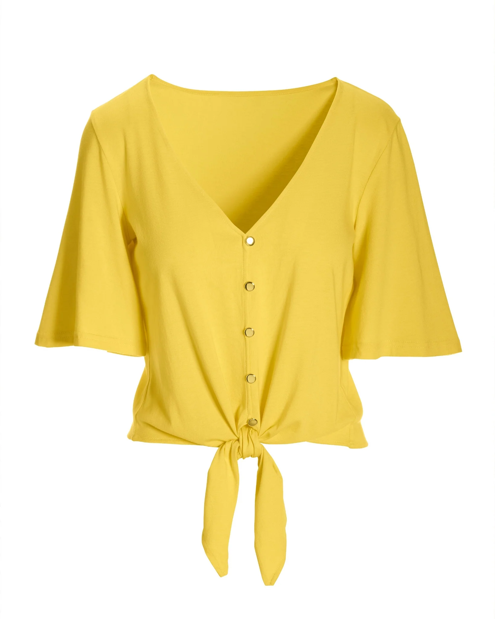 Button Front Tie Front Tee Lemon Drop - Futureuc