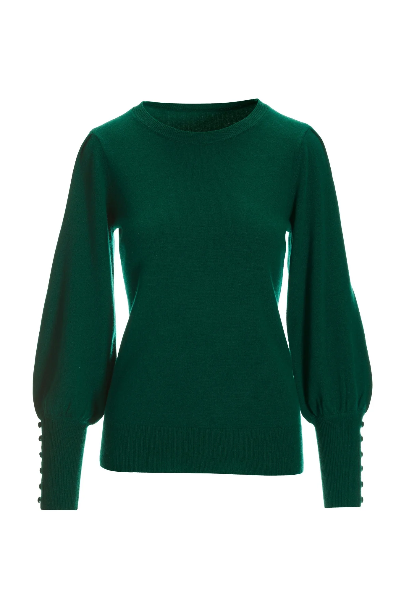 Cashmere Button-Cuff Puff-Sleeve Sweater Emerald - Futureuc