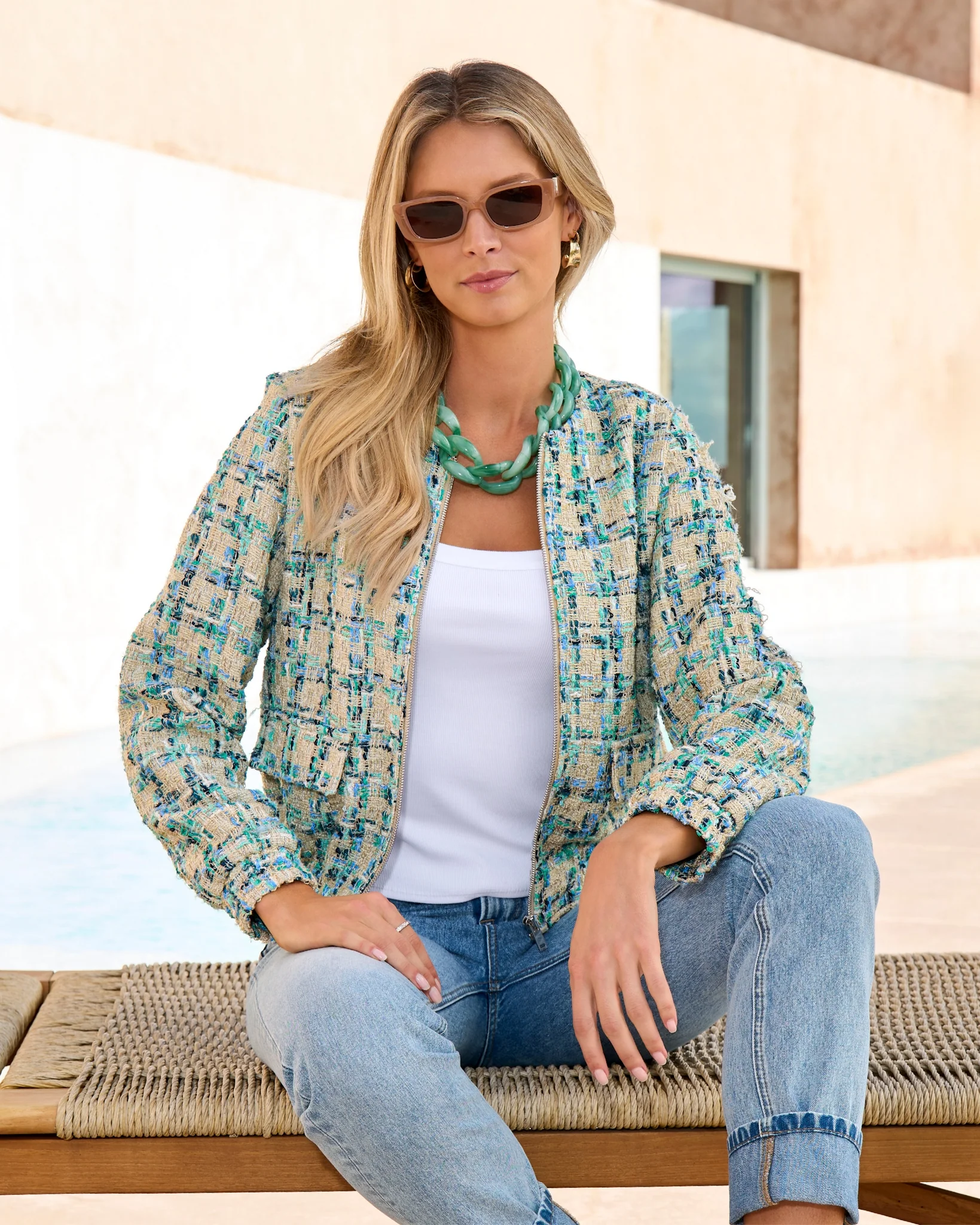 Tweed Bomber Jacket Tan Multi - Futureuc