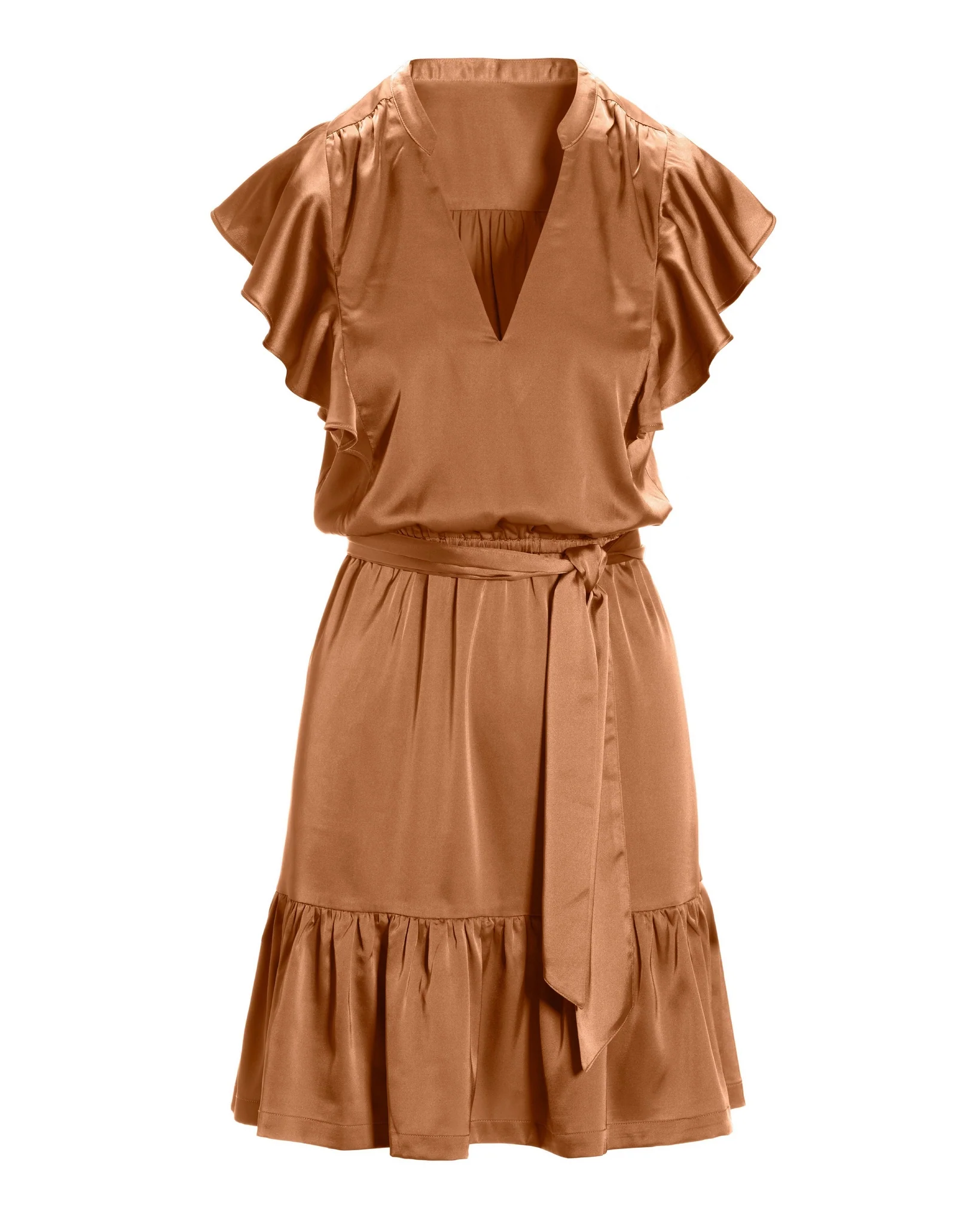 Tie Waist Ruffle Detail Charmeuse Dress Cognac - Futureuc