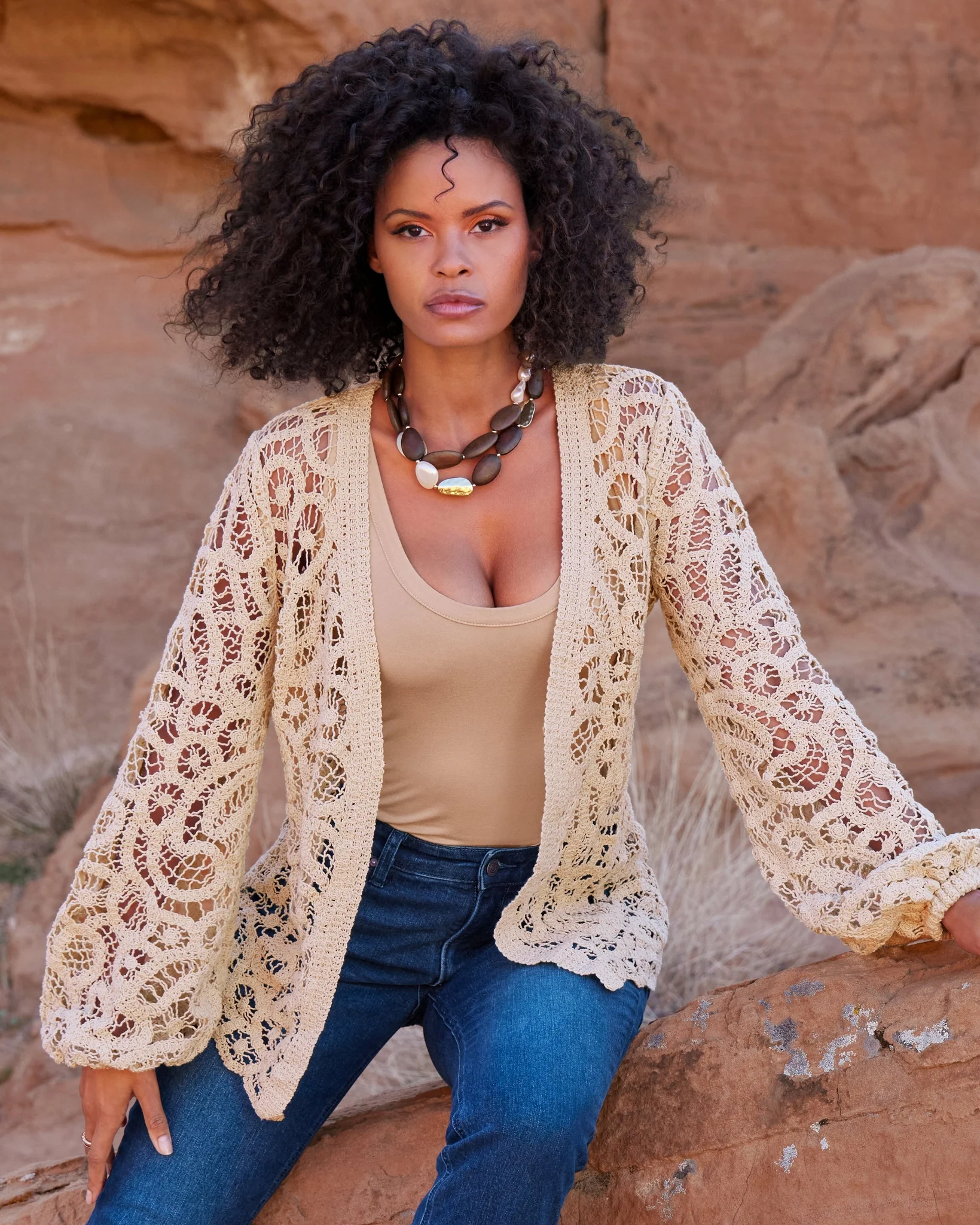 Transitional Balloon Sleeve Crochet Hip Length Duster Tan - Futureuc