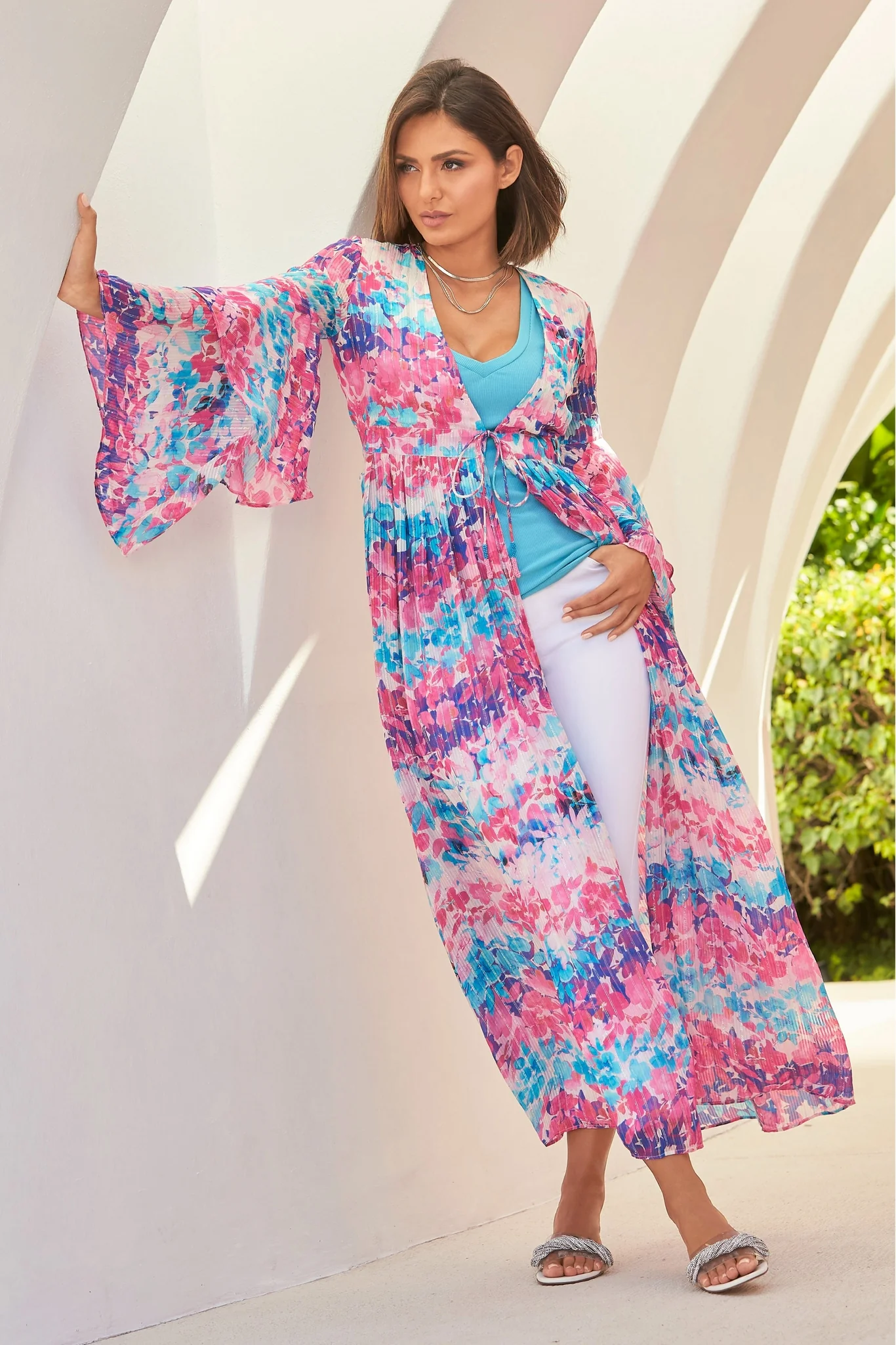 Watercolor Garden Print Shimmer Duster Multi - Futureuc