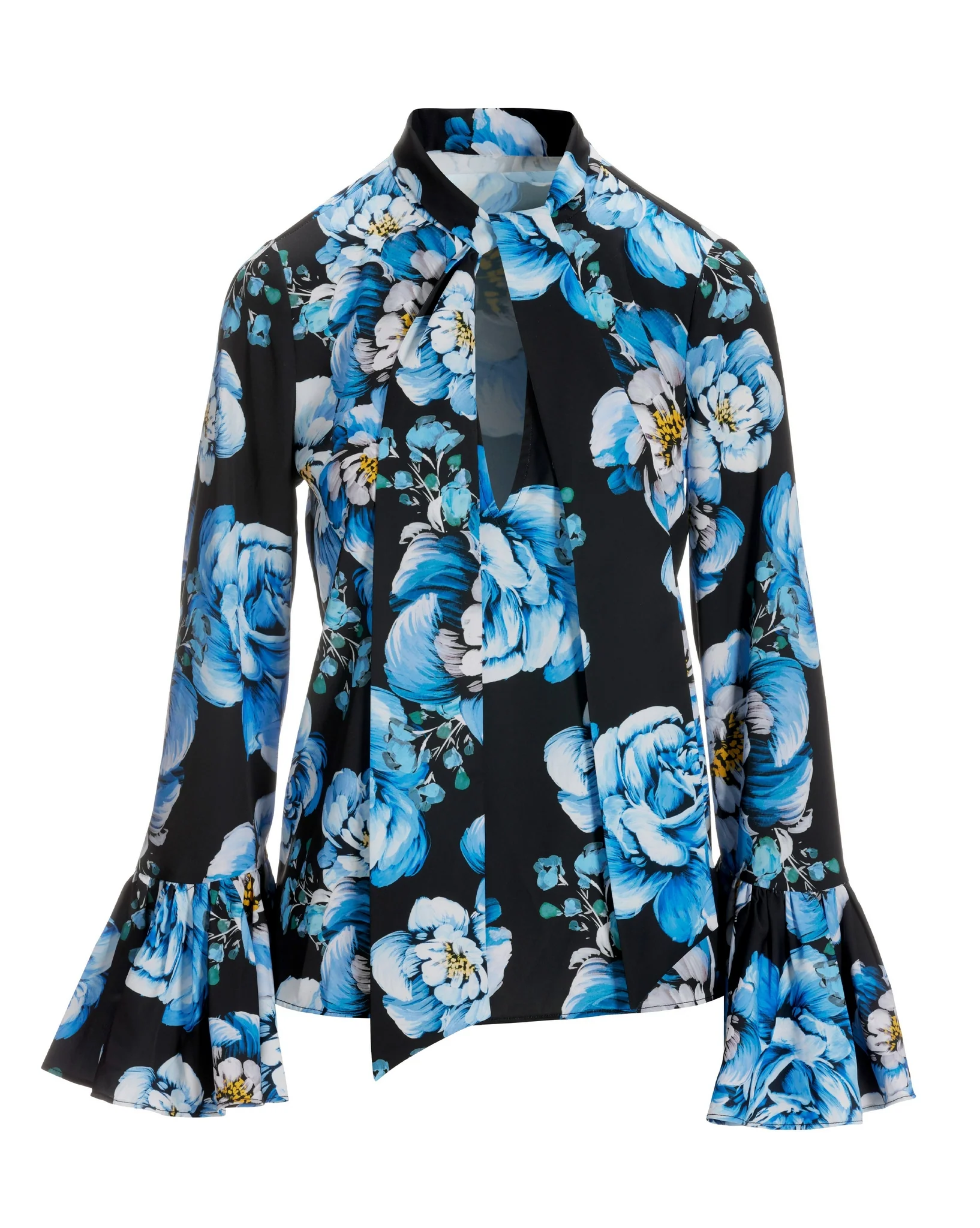 Winter Floral Print Keyhole Tie Neck Ruffle Sleeve Blouse Blue - Futureuc