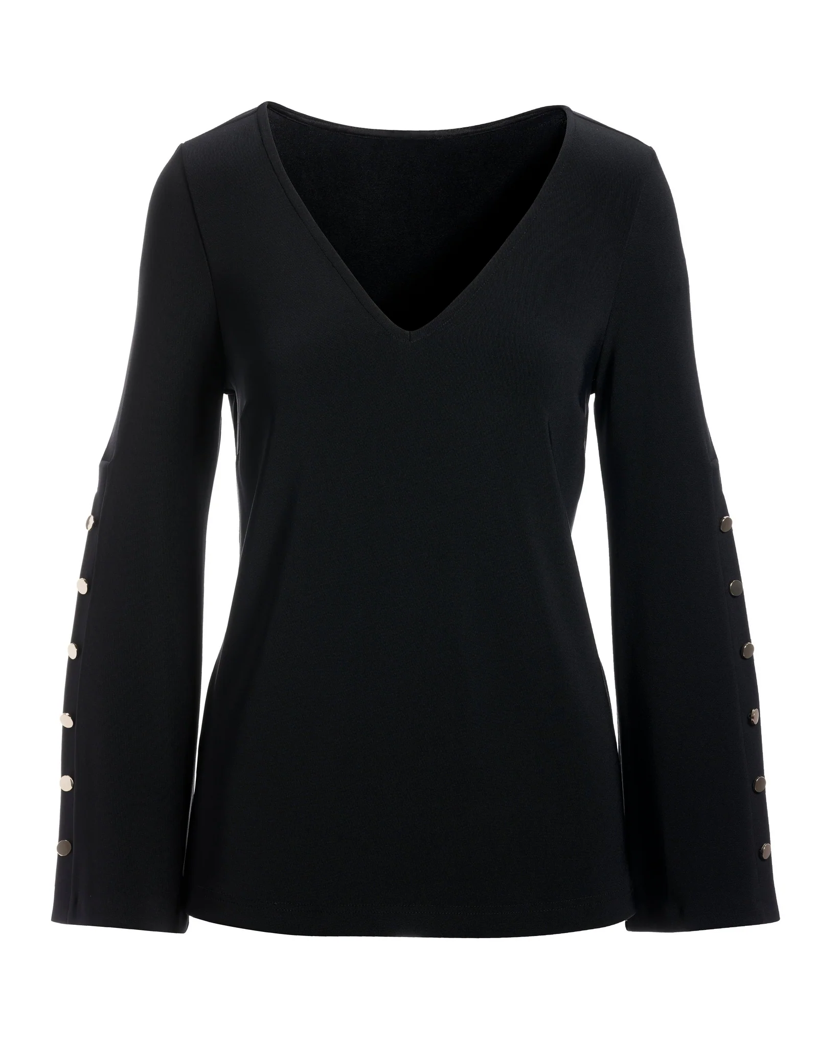 Beyond Travel V-Neck Button Detail Bell Sleeve Top Jet Black - Futureuc