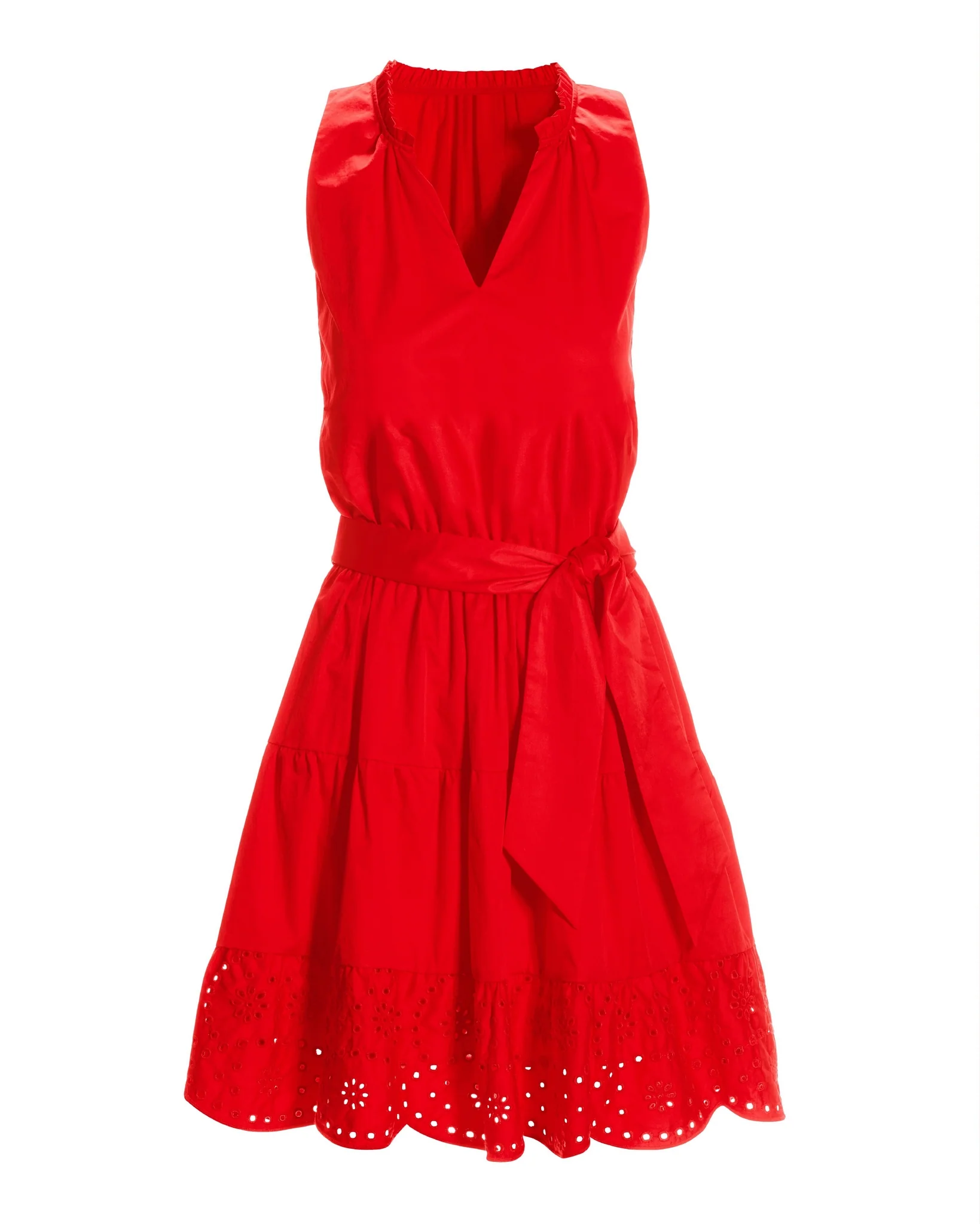 Tie Waist Tiered Fit And Flare Poplin Dress Racing Red - Futureuc