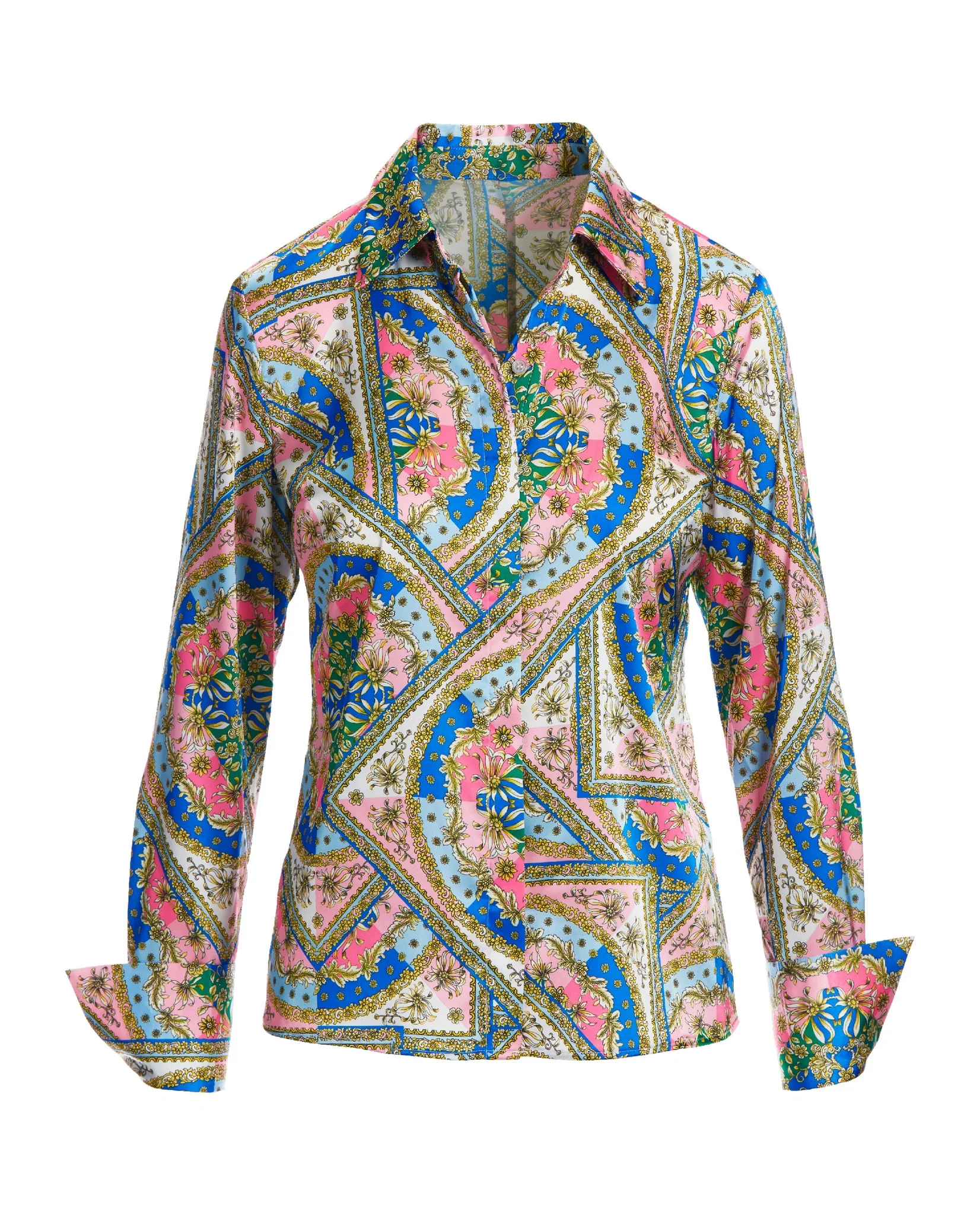 Baroque Scroll Print Sophia Button Up Charmeuse Blouse Pink Icing Multi - Futureuc