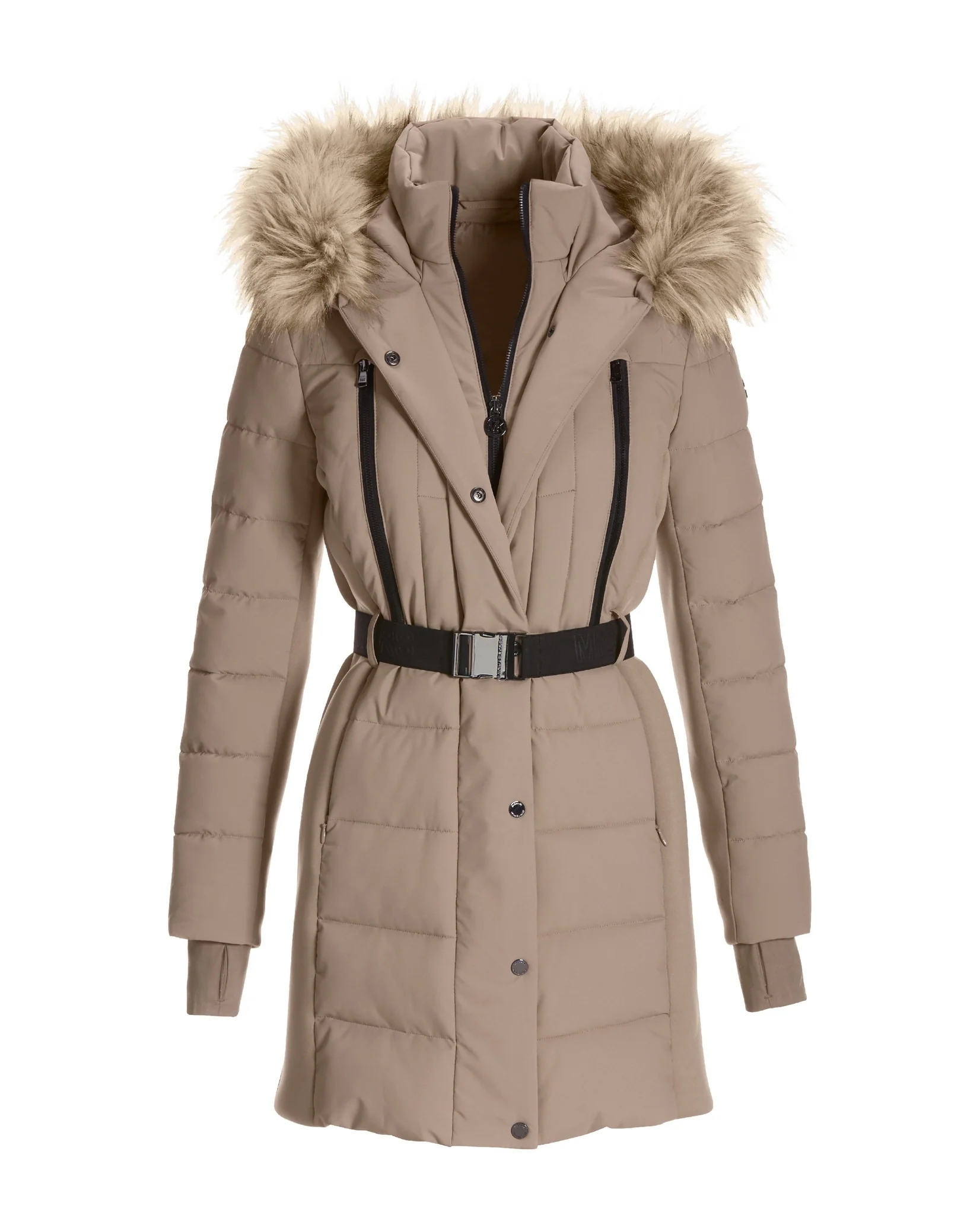 Belted Faux Fur Trim Puffer Jacket Taupe - Futureuc