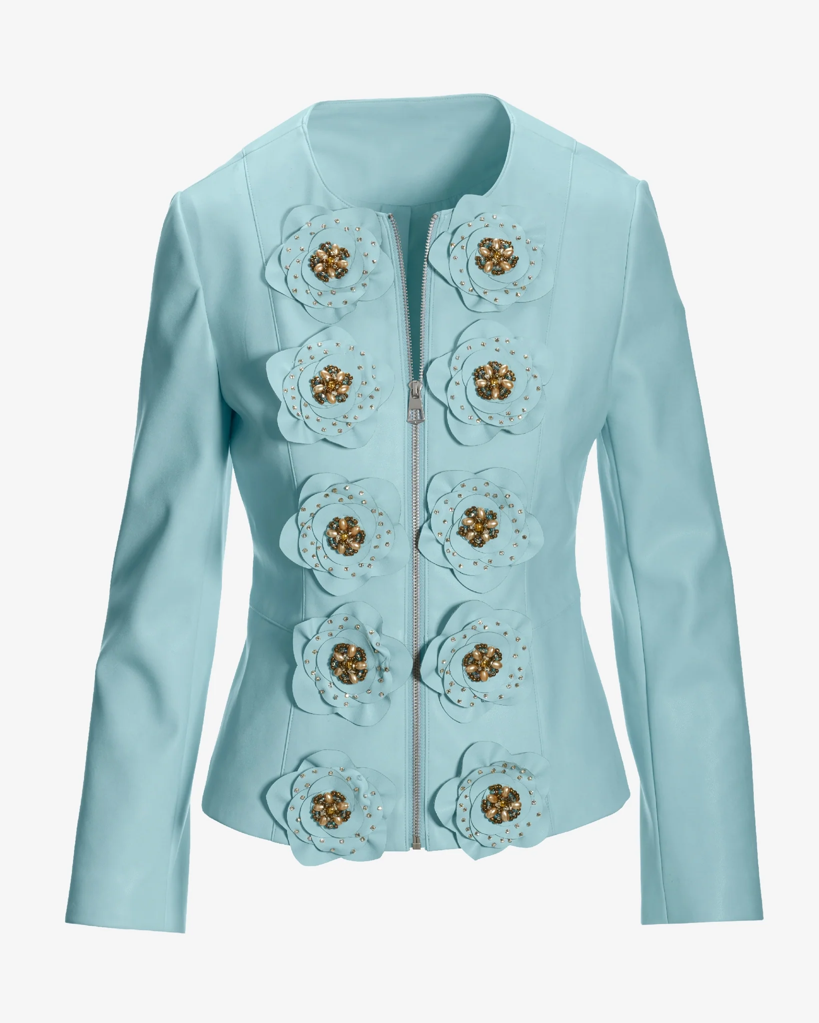 3D Rosette Embellished Faux Leather Zip Up Jacket Blue - Futureuc