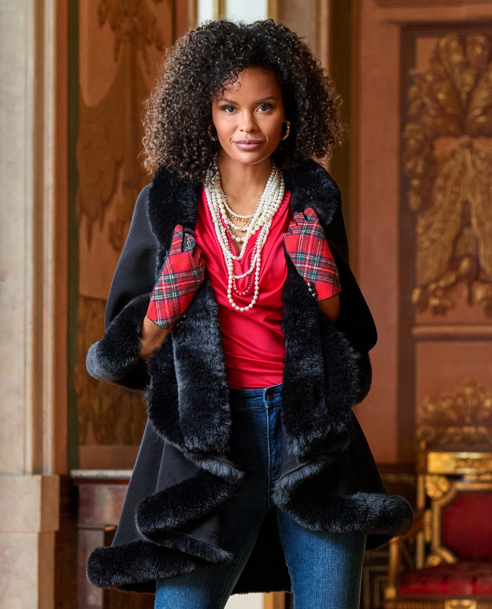 Tiered Faux Fur Trim Poncho Black - Futureuc