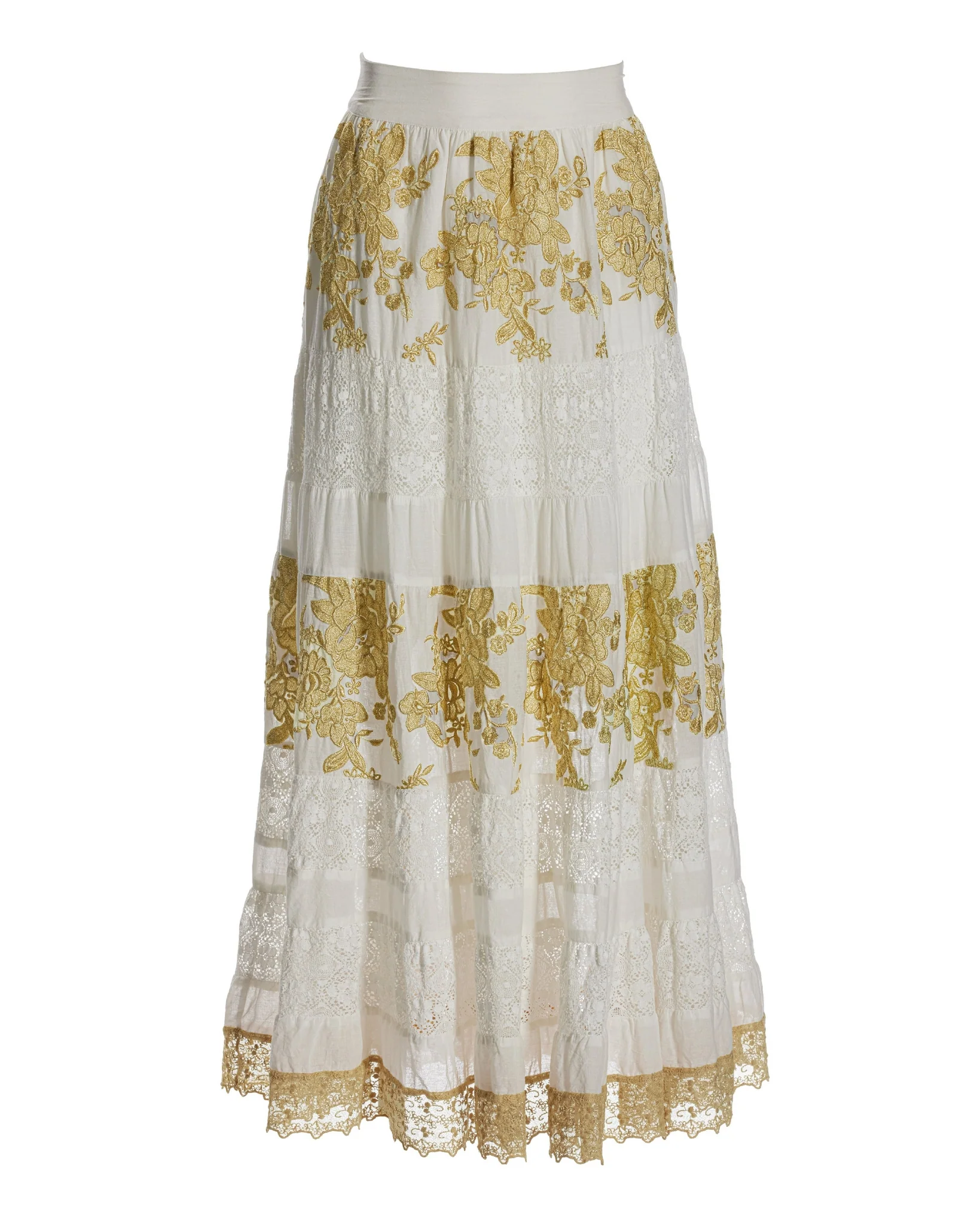 Tiered Gold Lace Maxi Skirt White/Gold - Futureuc